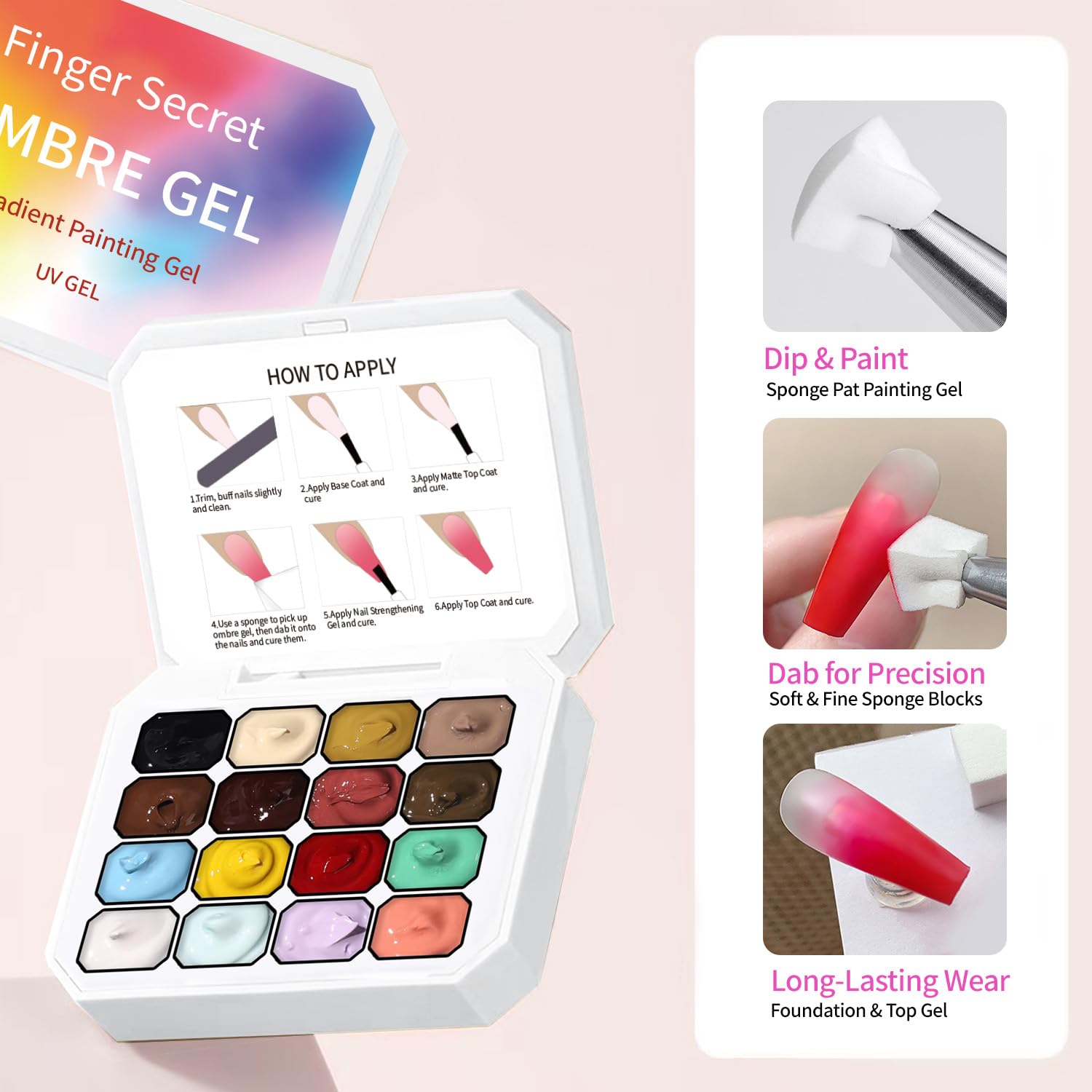 Finger Secret 16-Color Ombre Gel Polish Palette | Gradient Blooming Nail Kit