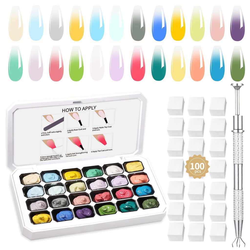 Finger Secret 24-Color Ombre Gel Nail Polish Set | Gradient Blooming Gel with 100 Sponges