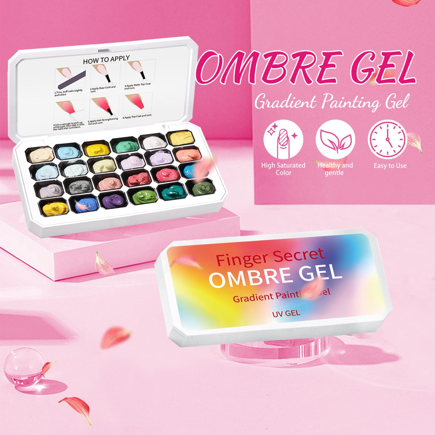 Finger Secret 24-Color Ombre Gel Nail Polish Set | Gradient Blooming Gel with 100 Sponges