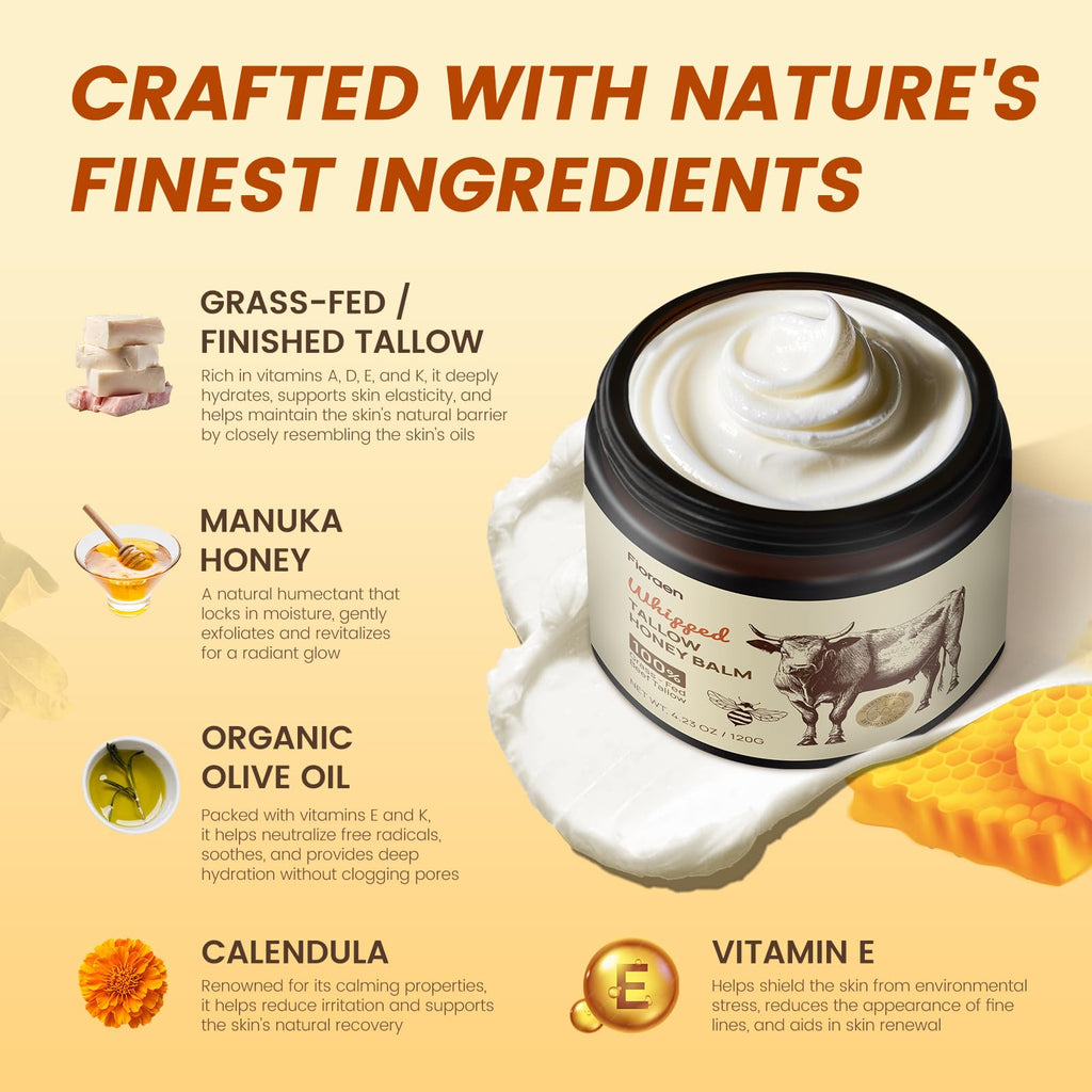 Fioraen Whipped Beef Tallow & Manuka Honey Balm – Unscented Hydration for Dry Skin (4 fl oz)