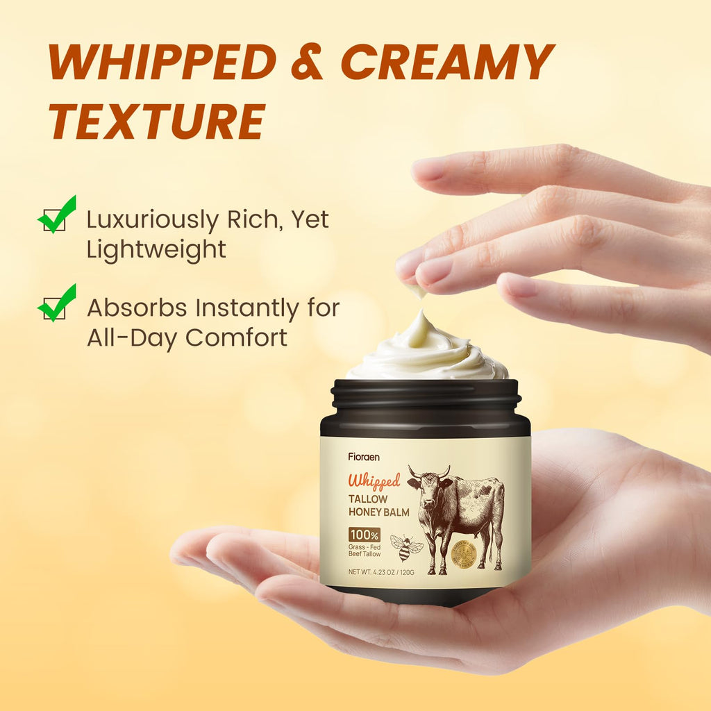Fioraen Whipped Beef Tallow & Manuka Honey Balm – Unscented Hydration for Dry Skin (4 fl oz)