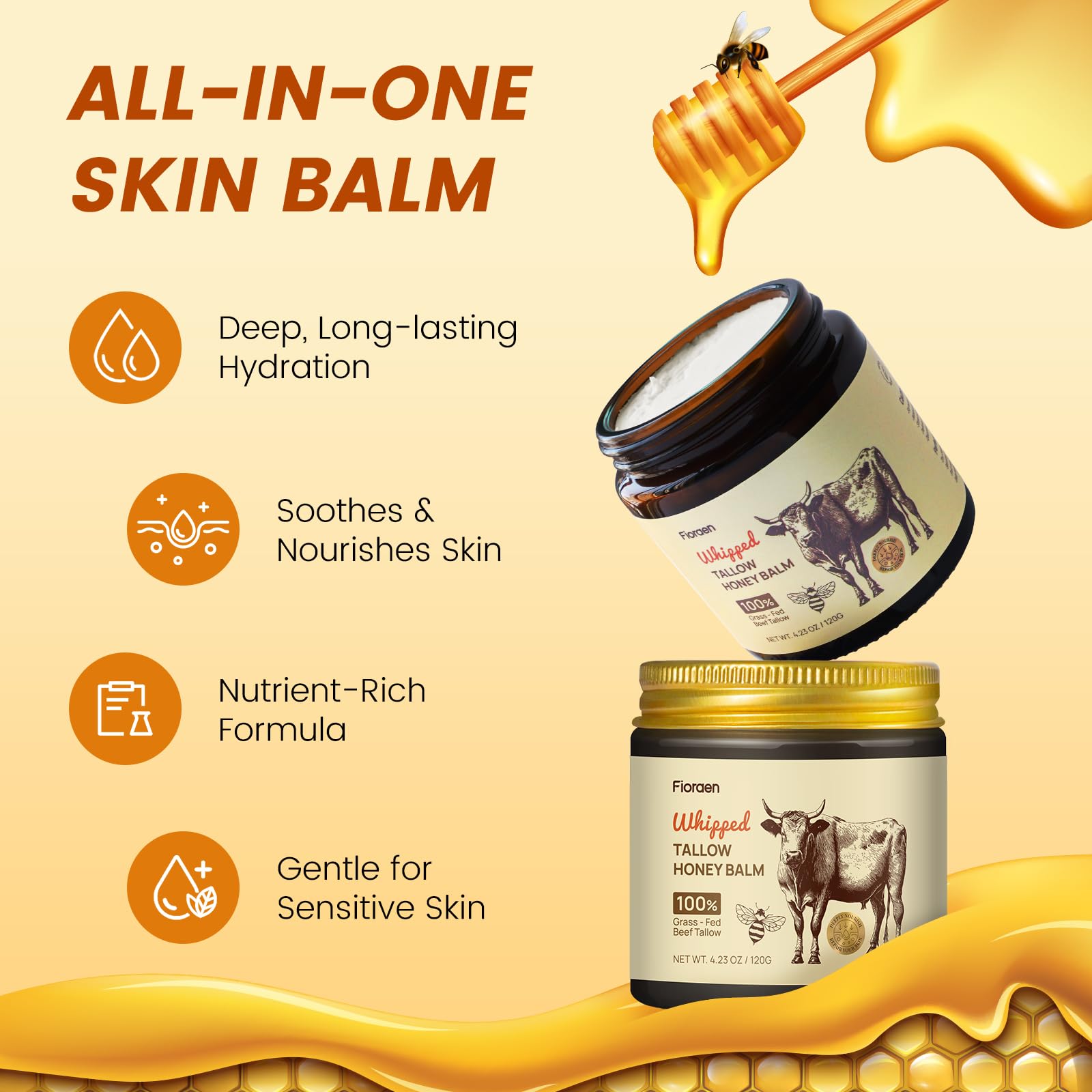 Fioraen Whipped Beef Tallow & Manuka Honey Balm – Unscented Hydration for Dry Skin (4 fl oz)