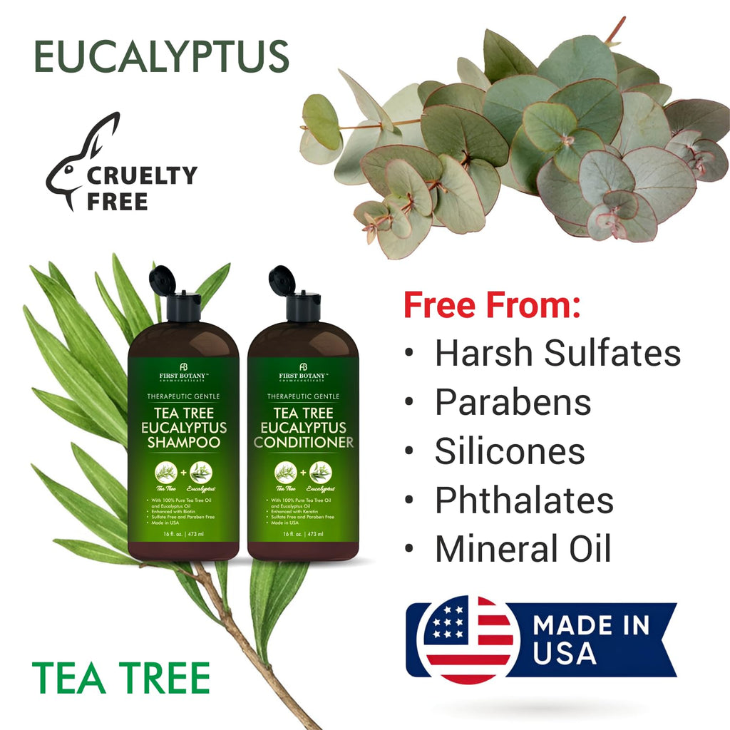 First Botany Tea Tree and Eucalyptus Shampoo and Conditioner Set | Clarifying Scalp Care with Activated Charcoal, Biotin and Keratin – Sulfate-Free, Made in USA – 16 oz x 2