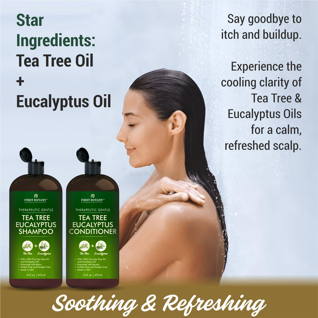 First Botany Tea Tree and Eucalyptus Shampoo and Conditioner Set | Clarifying Scalp Care with Activated Charcoal, Biotin and Keratin – Sulfate-Free, Made in USA – 16 oz x 2
