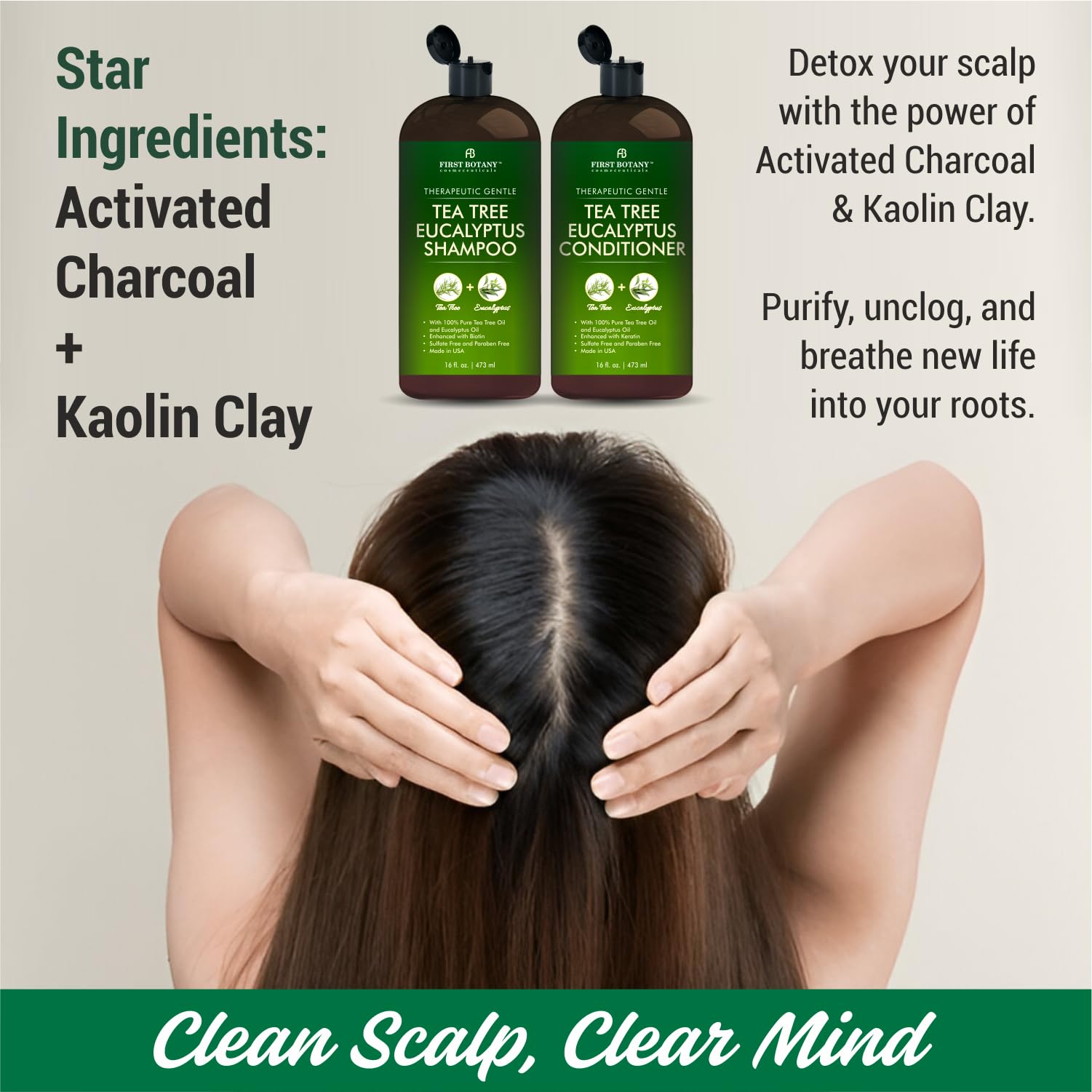 First Botany Tea Tree and Eucalyptus Shampoo and Conditioner Set | Clarifying Scalp Care with Activated Charcoal, Biotin and Keratin – Sulfate-Free, Made in USA – 16 oz x 2