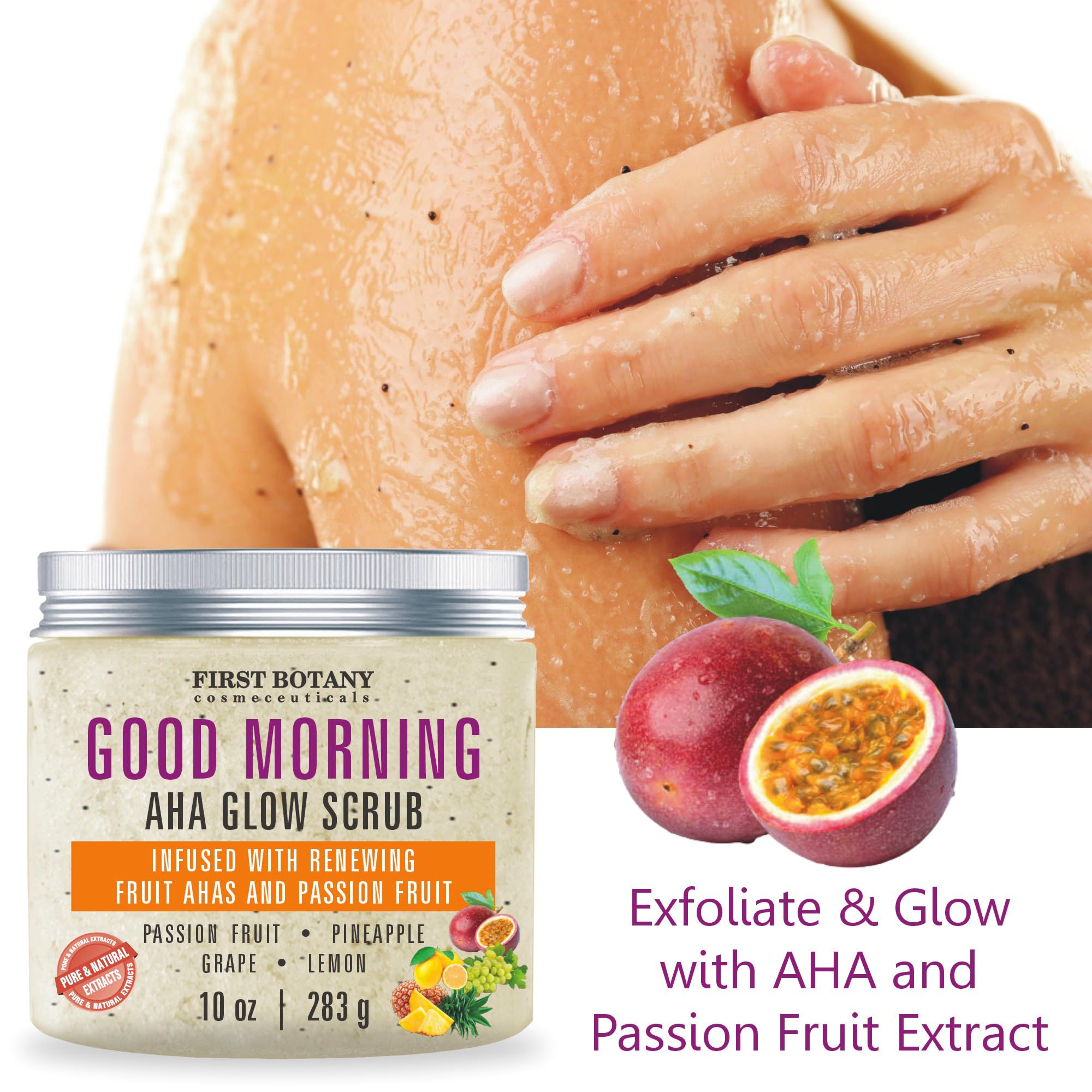 First Botany Body Scrub – Natural Exfoliating Salt Scrub & Souffle (10 fl oz, AHA Passion Fruit)