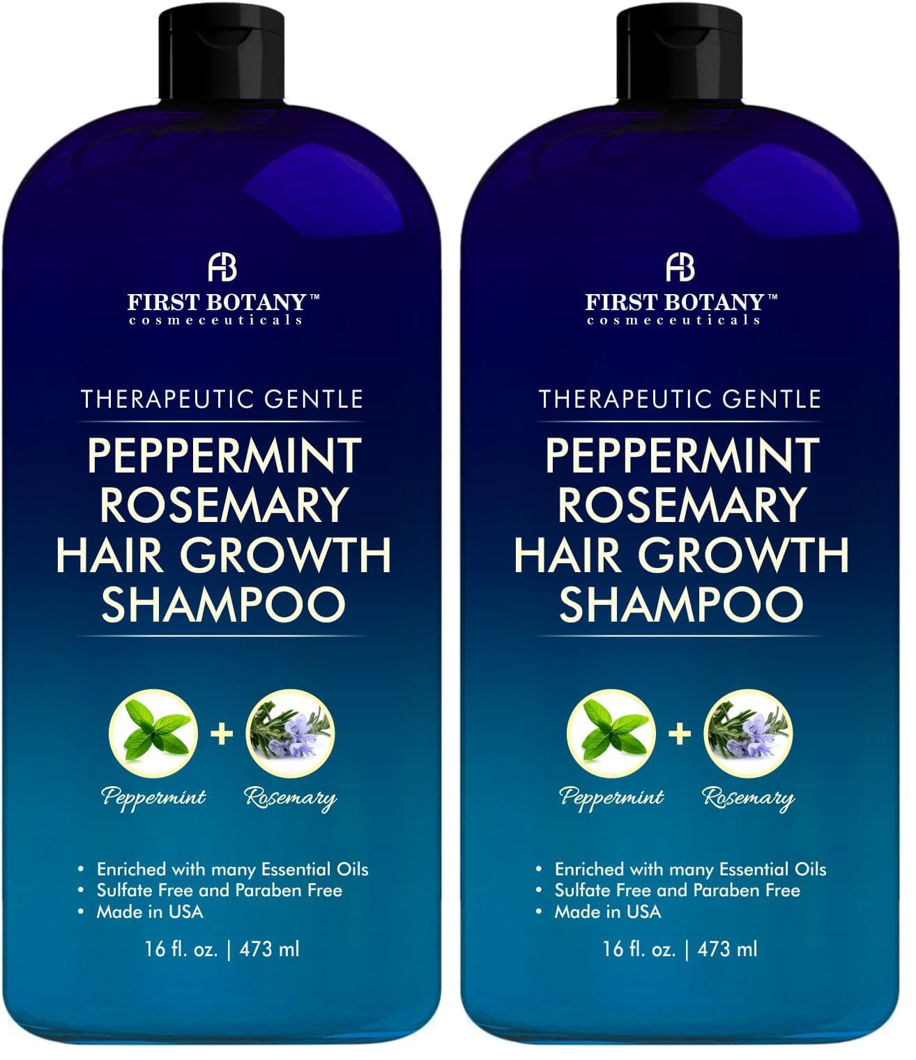 First Botany Peppermint Rosemary Hair Regrowth Shampoo – Anti Hair Loss, Daily Hydration, Detoxifying, Dandruff Control (Pack of 2, 16 oz each)