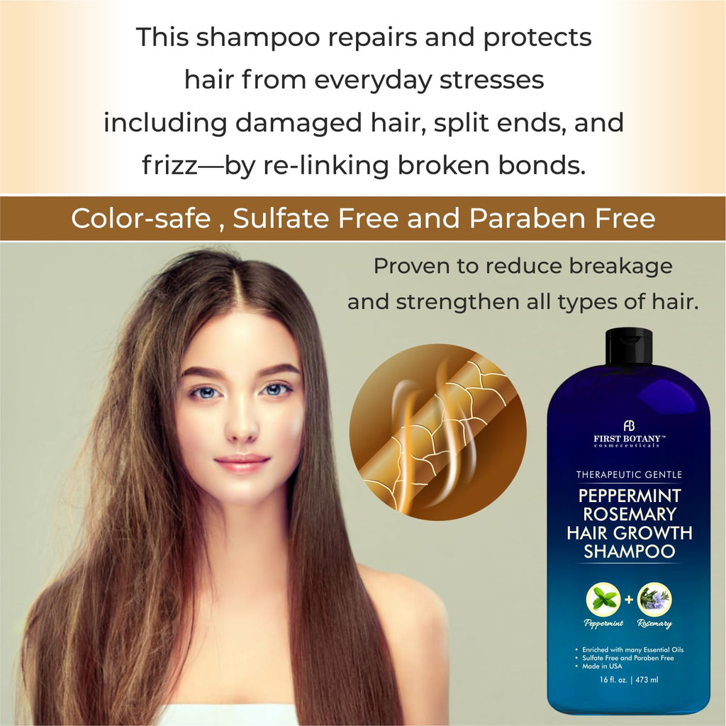 First Botany Peppermint Rosemary Hair Regrowth Shampoo – Anti Hair Loss, Daily Hydration, Detoxifying, Dandruff Control (Pack of 2, 16 oz each)