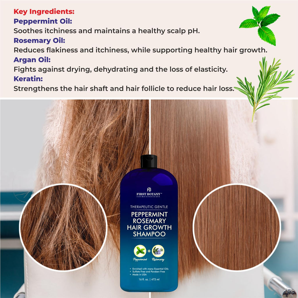 First Botany Peppermint Rosemary Hair Regrowth Shampoo – Daily Hydration & Dandruff Control, 16 oz