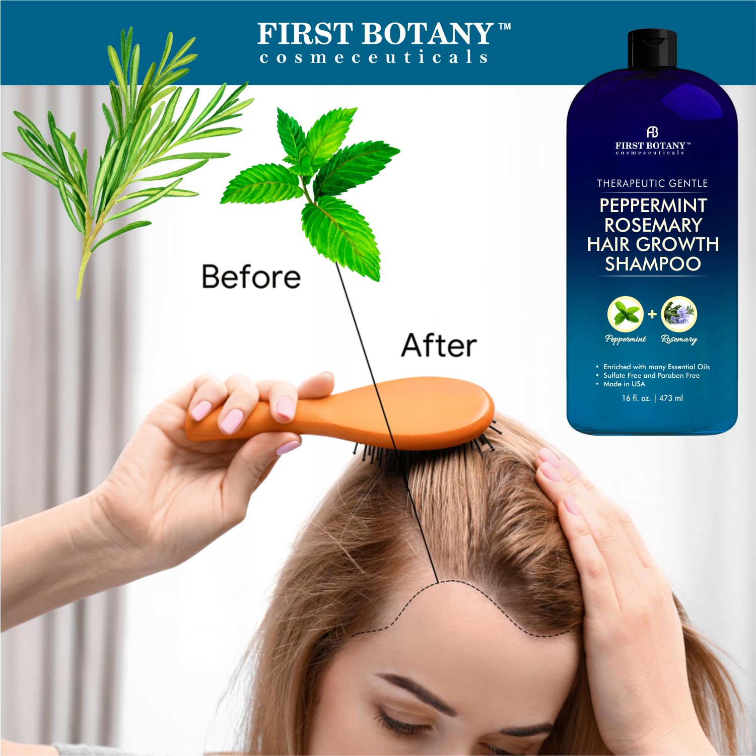 First Botany Peppermint Rosemary Hair Regrowth Shampoo – Anti Hair Loss, Daily Hydration, Detoxifying, Dandruff Control (Pack of 2, 16 oz each)