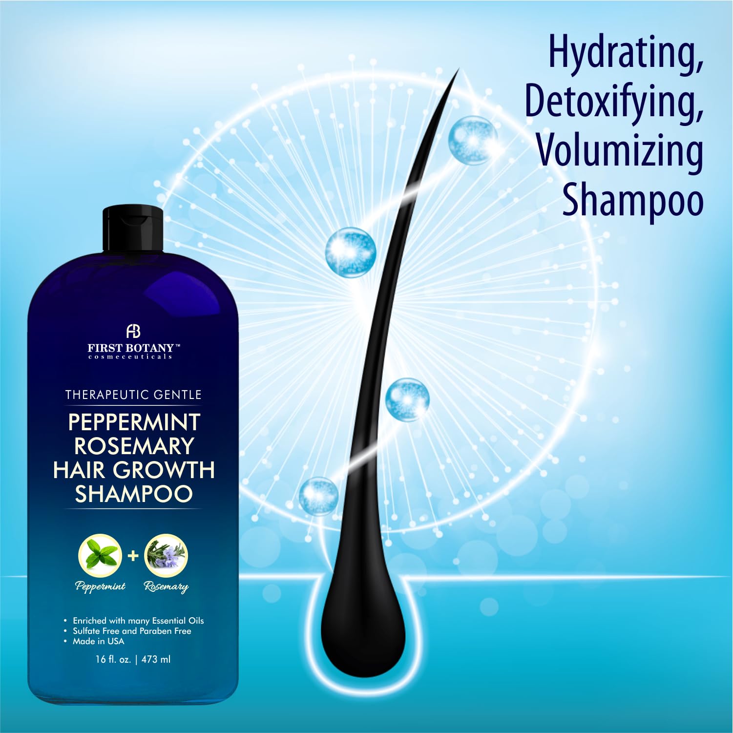 First Botany Peppermint Rosemary Hair Regrowth Shampoo – Anti Hair Loss, Daily Hydration, Detoxifying, Dandruff Control (Pack of 2, 16 oz each)