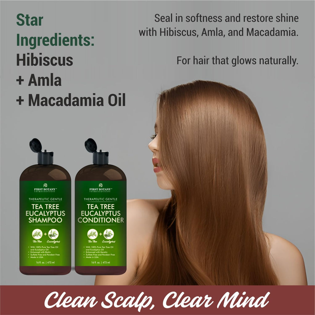 First Botany Tea Tree and Eucalyptus Shampoo and Conditioner Set | Clarifying Scalp Care with Activated Charcoal, Biotin and Keratin – Sulfate-Free, Made in USA – 16 oz x 2