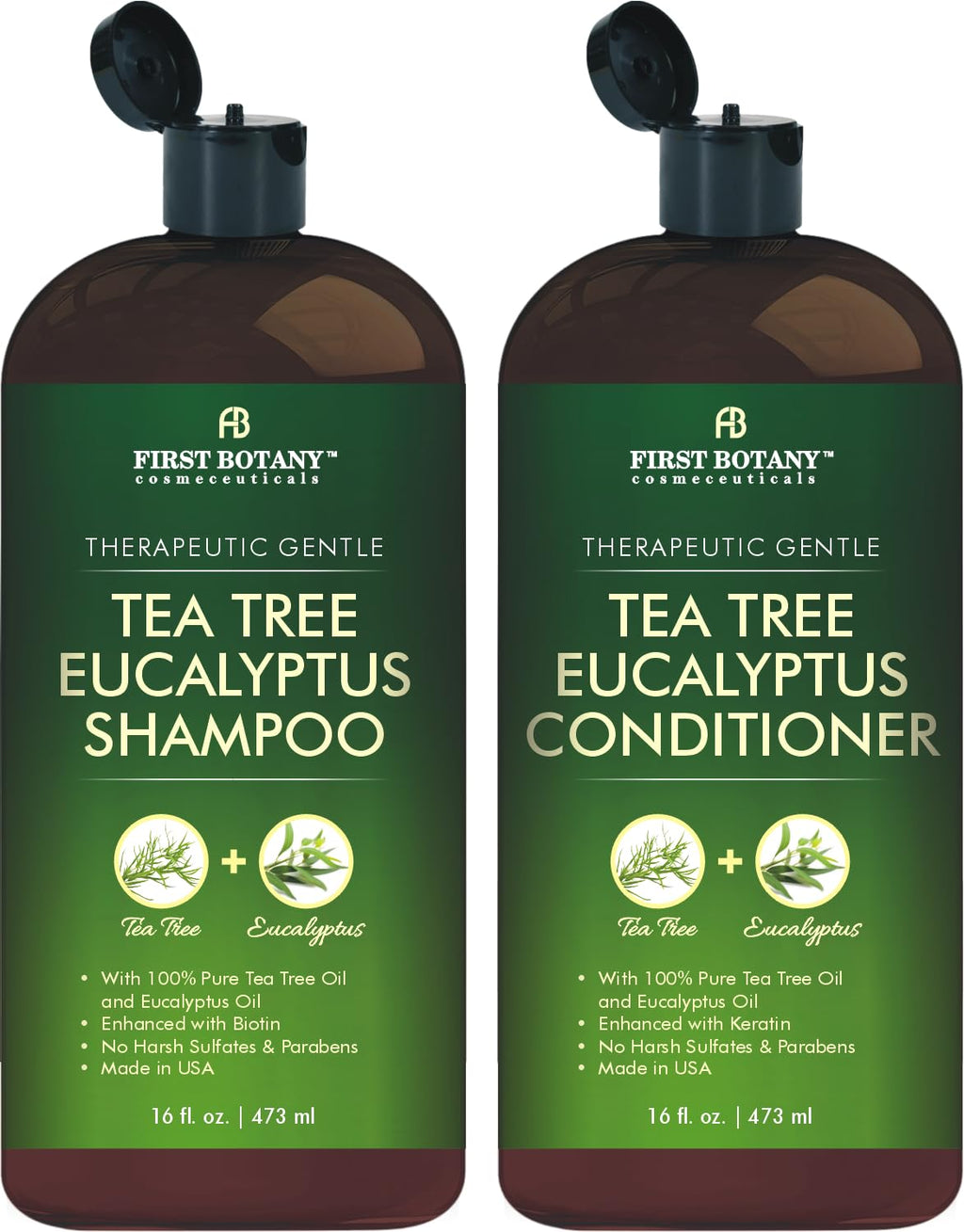 First Botany Tea Tree and Eucalyptus Shampoo and Conditioner Set | Clarifying Scalp Care with Activated Charcoal, Biotin and Keratin – Sulfate-Free, Made in USA – 16 oz x 2