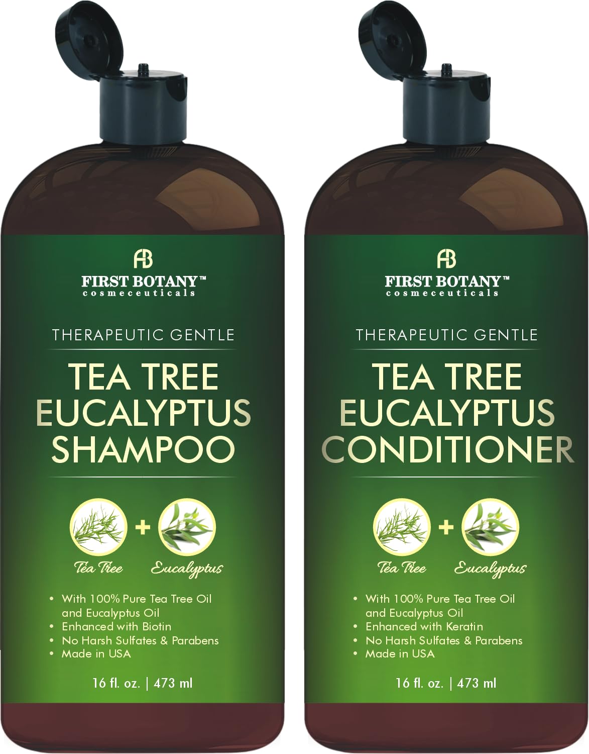 First Botany Tea Tree and Eucalyptus Shampoo and Conditioner Set | Clarifying Scalp Care with Activated Charcoal, Biotin and Keratin – Sulfate-Free, Made in USA – 16 oz x 2