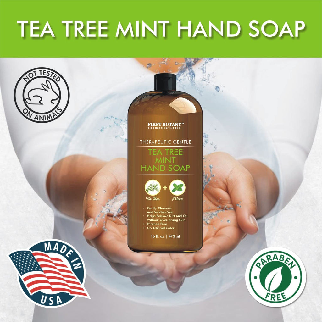 First Botany Tea Tree Mint Hand Soap – Natural Liquid Hand Wash with Tea Tree Peppermint Jojoba Coconut Oil 16 oz