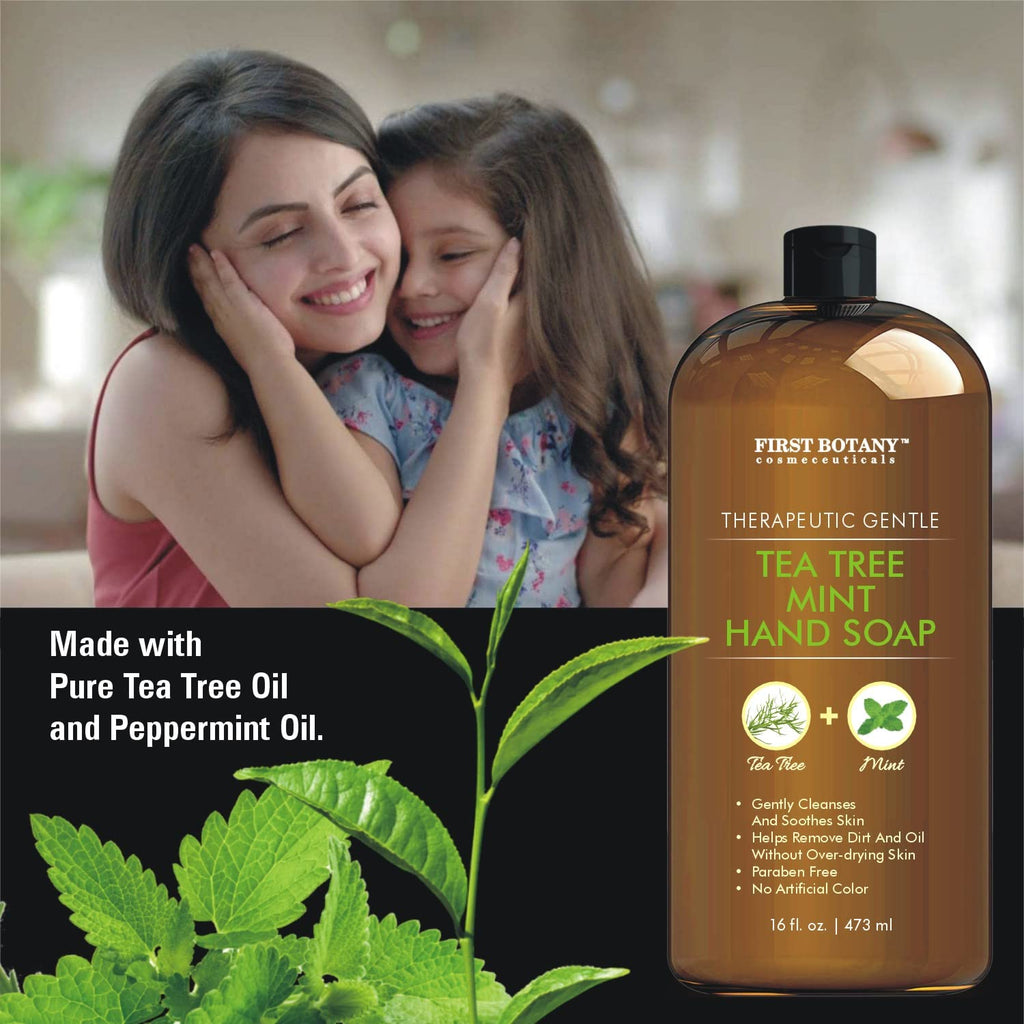 First Botany Tea Tree Mint Hand Soap – Natural Liquid Hand Wash with Tea Tree Peppermint Jojoba Coconut Oil 16 oz
