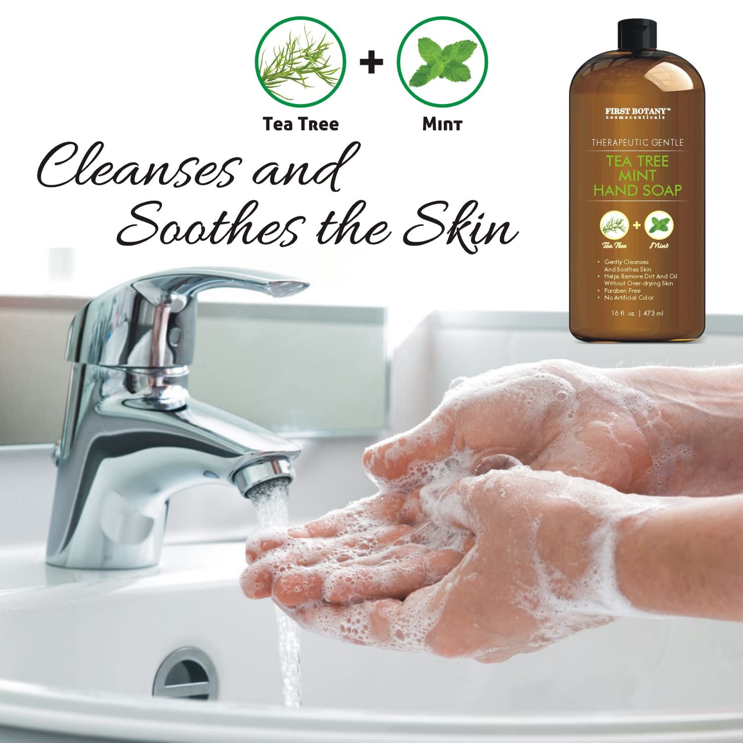 First Botany Tea Tree Mint Hand Soap – Natural Liquid Hand Wash with Tea Tree Peppermint Jojoba Coconut Oil 16 oz
