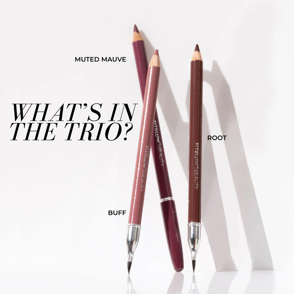 FITGLOW Vegan Lip Liner Trio — Hydrating, Smudge-Proof Lip Liner Kit with Built-In Brush (Muted Mauve, Buff, Root)