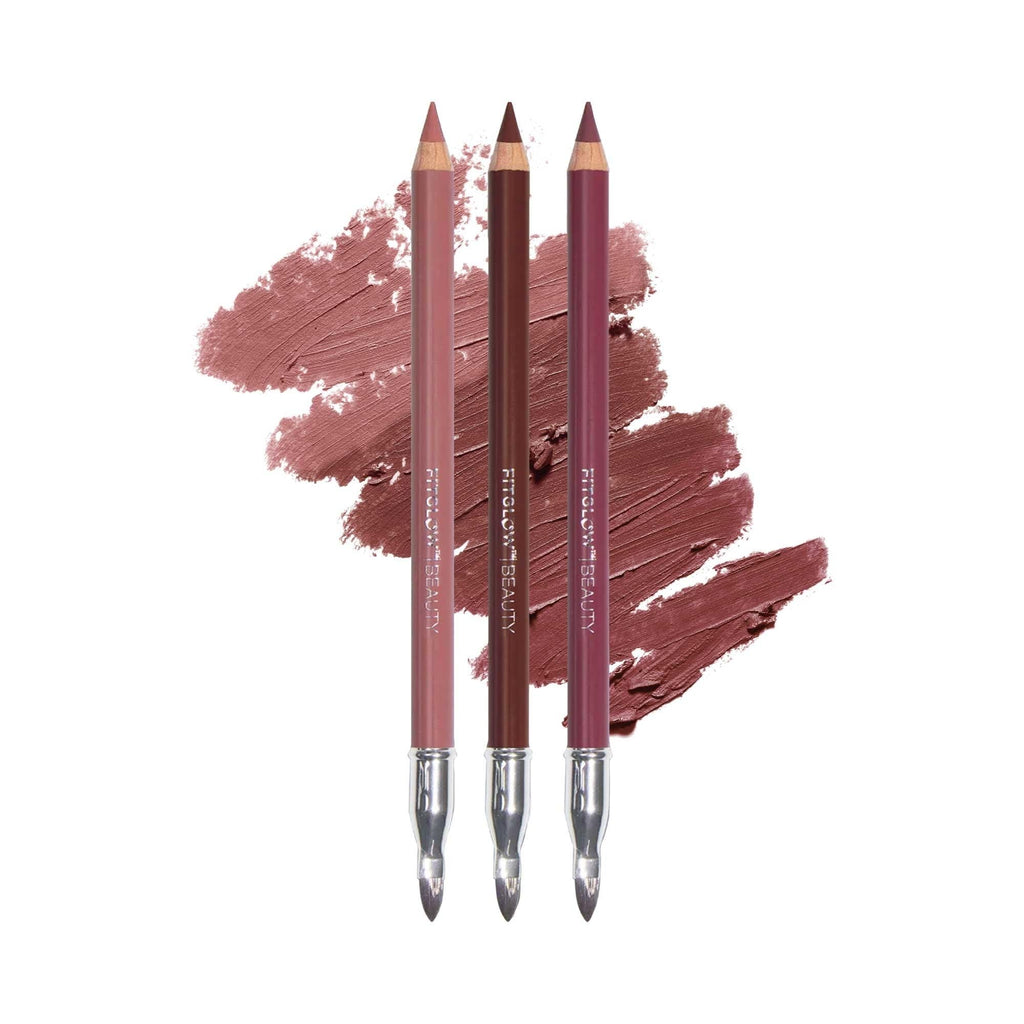 FITGLOW Vegan Lip Liner Trio — Hydrating, Smudge-Proof Lip Liner Kit with Built-In Brush (Muted Mauve, Buff, Root)