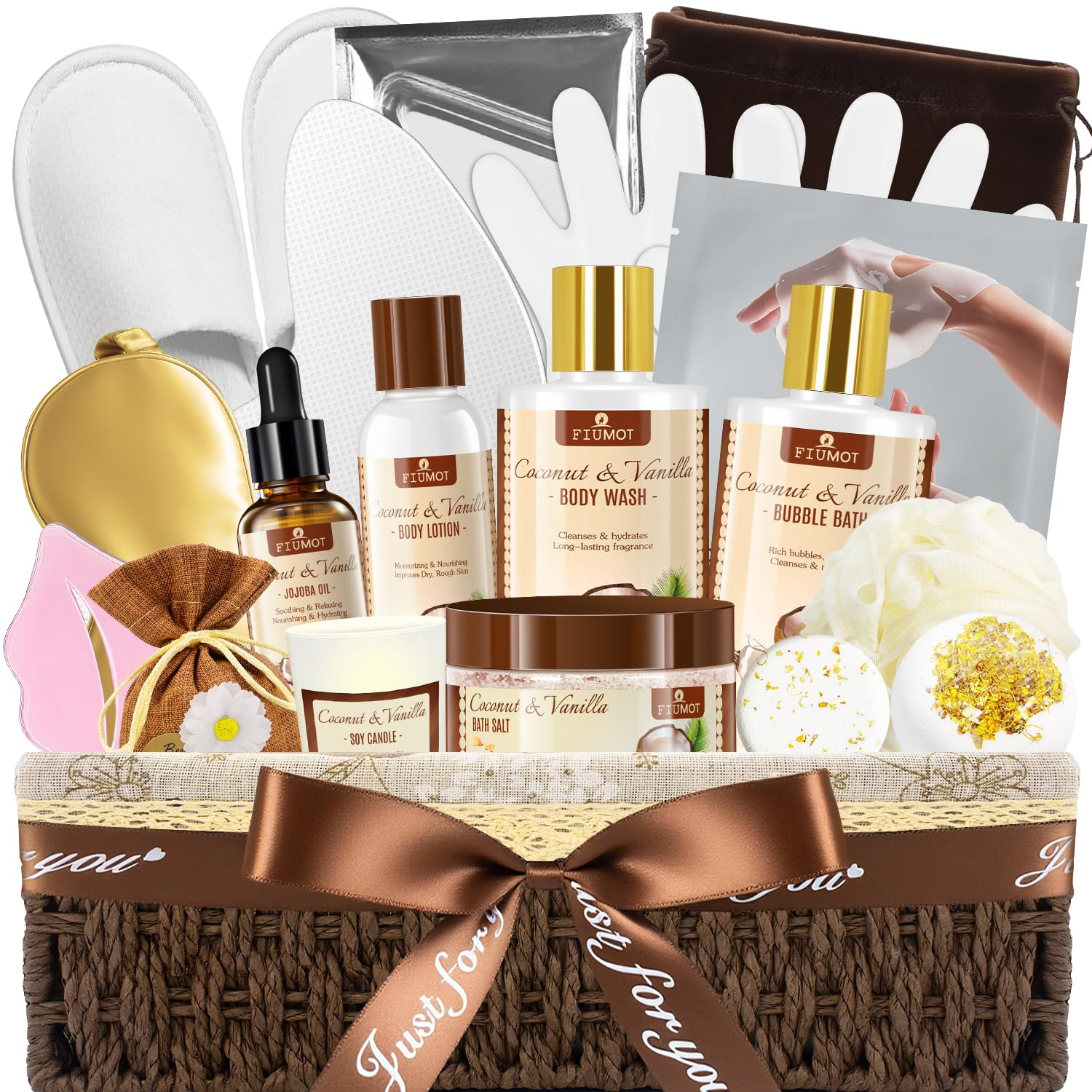 FIUMOT Valentines Day Gift Basket – 21-Piece Coconut Vanilla Spa Set for Women