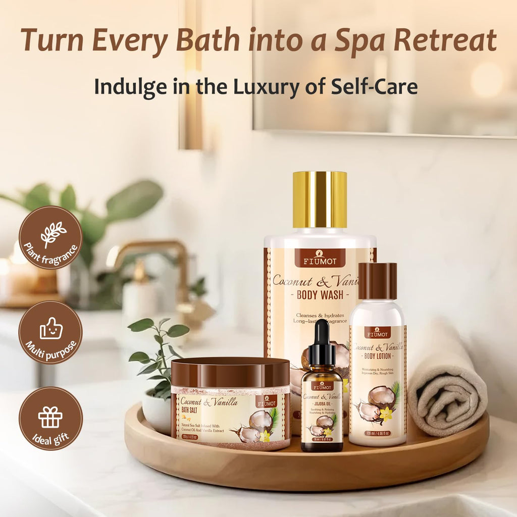 FIUMOT Valentines Day Gift Basket – 21-Piece Coconut Vanilla Spa Set for Women