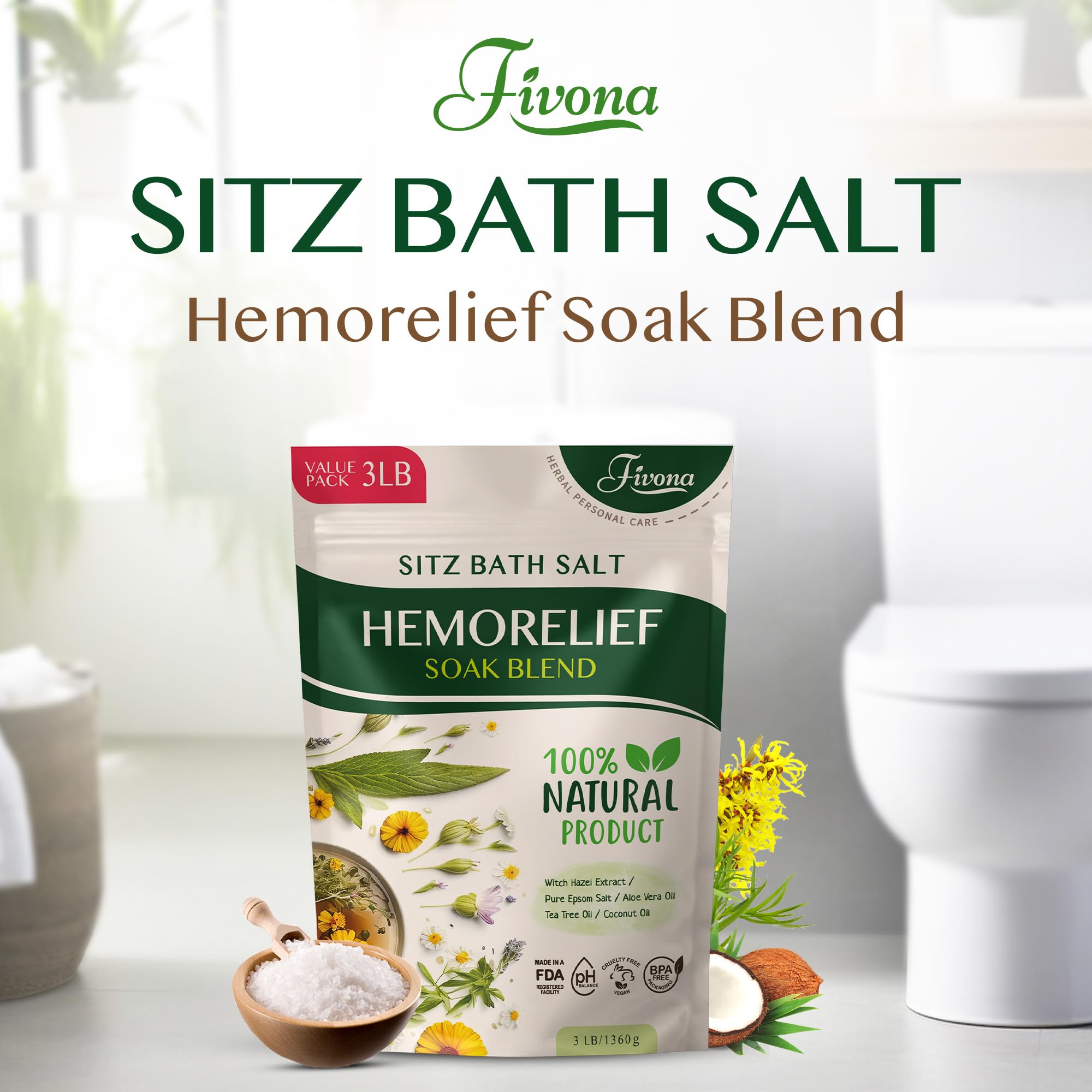 FIVONA Sitz Bath Salts for Hemorrhoids & Postpartum Care - 3LB Value Pack with Epsom Salt
