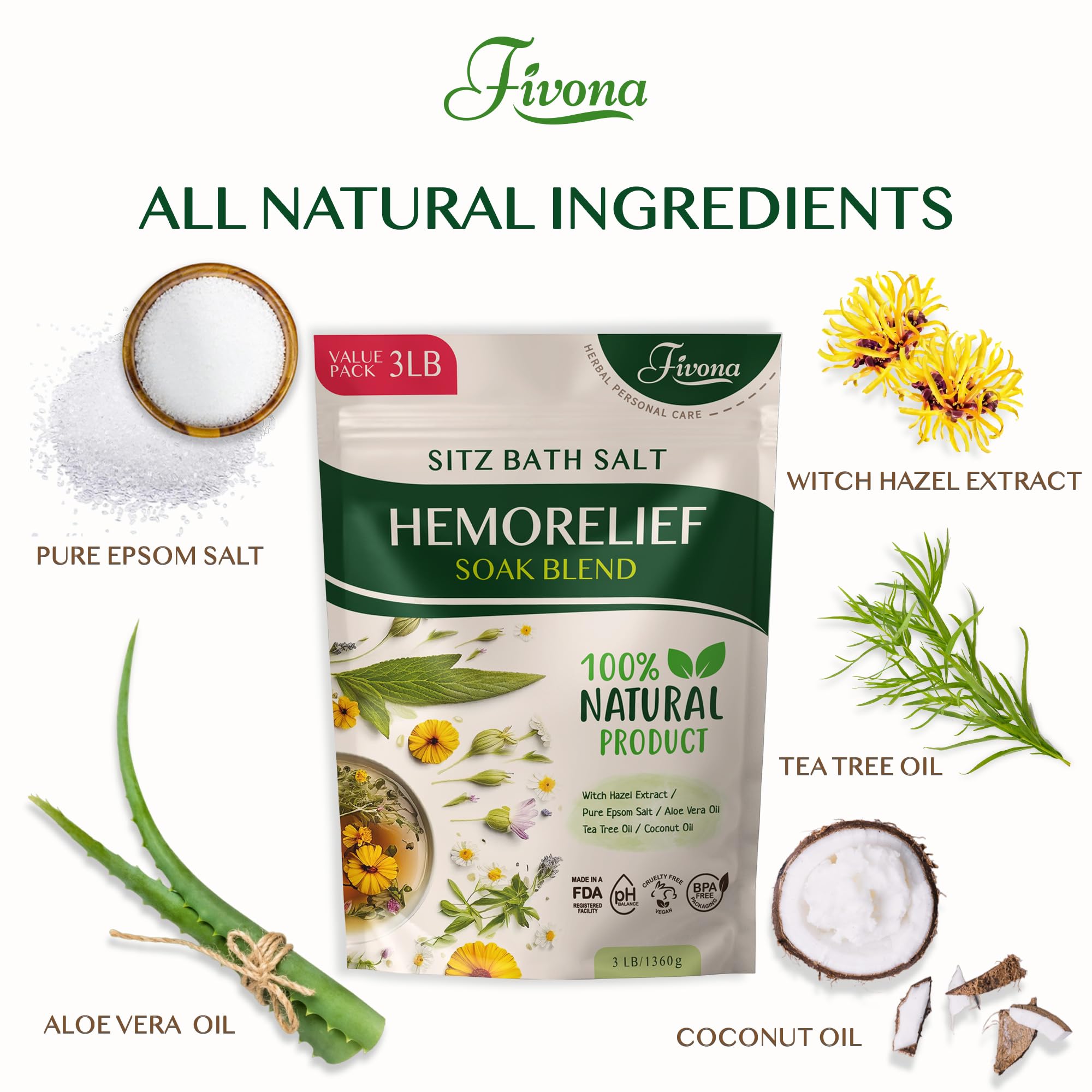 FIVONA Sitz Bath Salts for Hemorrhoids & Postpartum Care - 3LB Value Pack with Epsom Salt