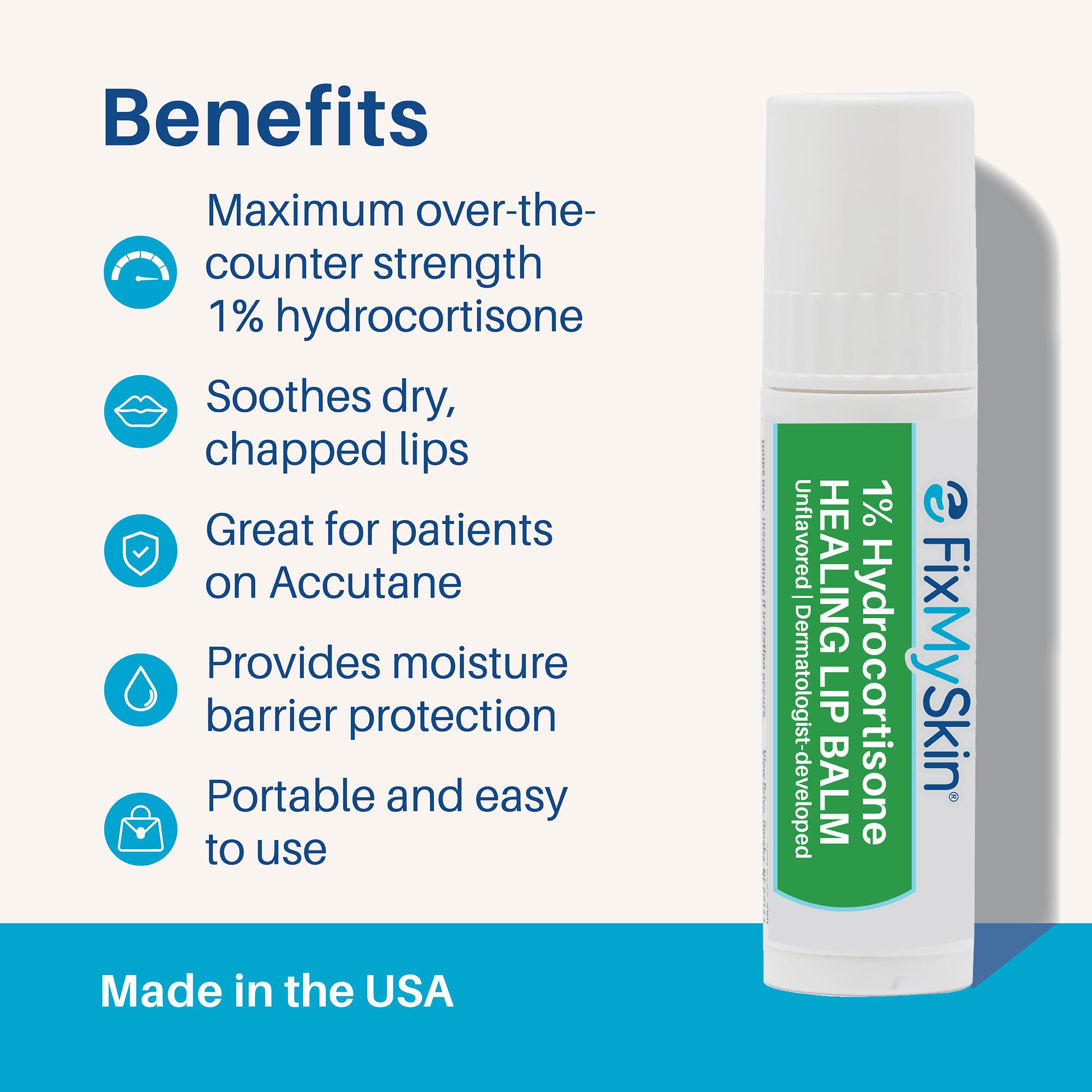 FixMySkin 1% Hydrocortisone Healing Lip Balm, Unflavored – 0.15 oz