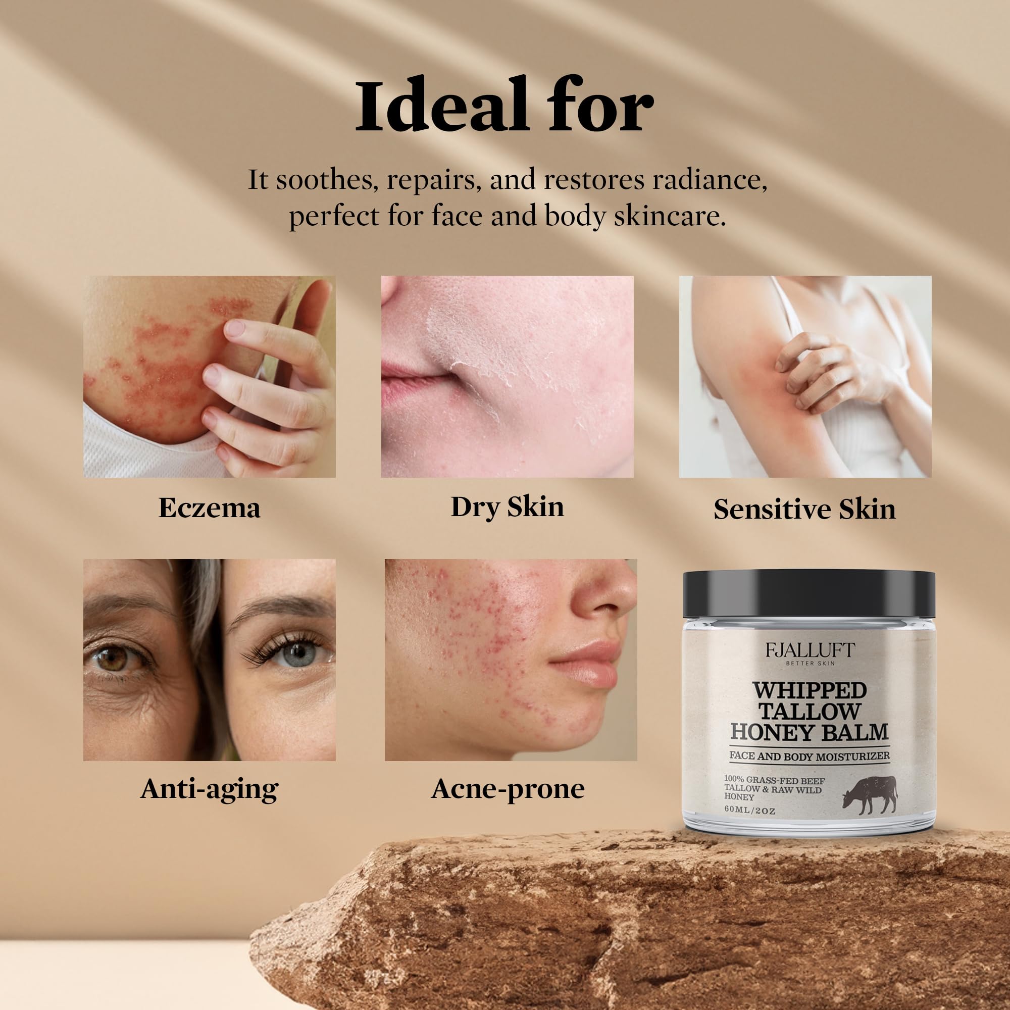 FJALLUFT Tallow Face Moisturizer for Women – Grass-Fed Beef Tallow, Manuka Honey & Olive Oil