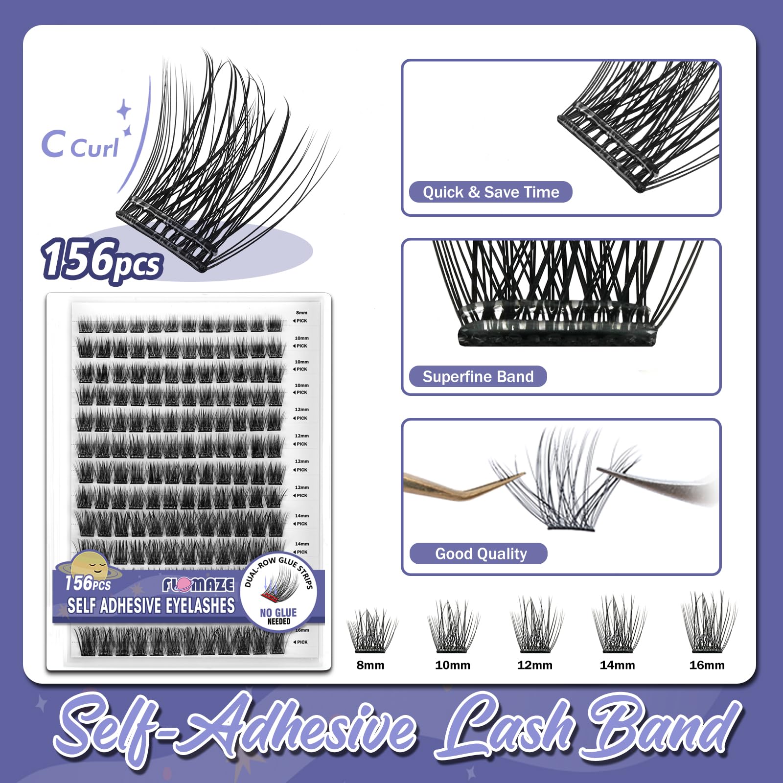 FLOMAZE Self Adhesive Eyelashes – 156-Cluster Pack, No Glue Needed, Reusable 8–16mm Mixed Lashes