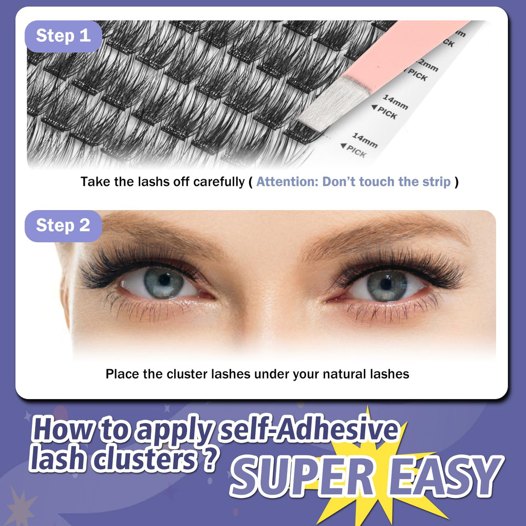 FLOMAZE Self Adhesive Eyelashes – 156-Cluster Pack, No Glue Needed, Reusable 8–16mm Mixed Lashes