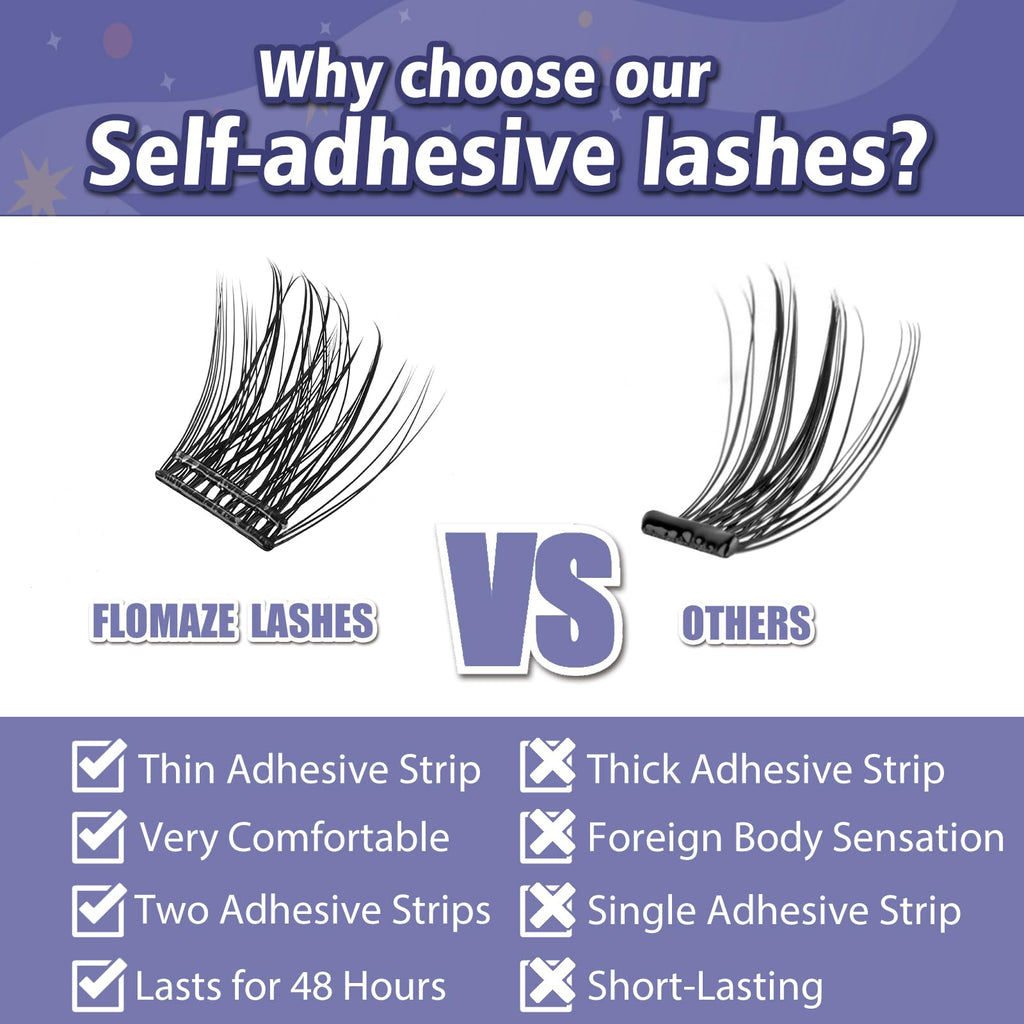 FLOMAZE Self Adhesive Eyelashes – 156-Cluster Pack, No Glue Needed, Reusable 8–16mm Mixed Lashes