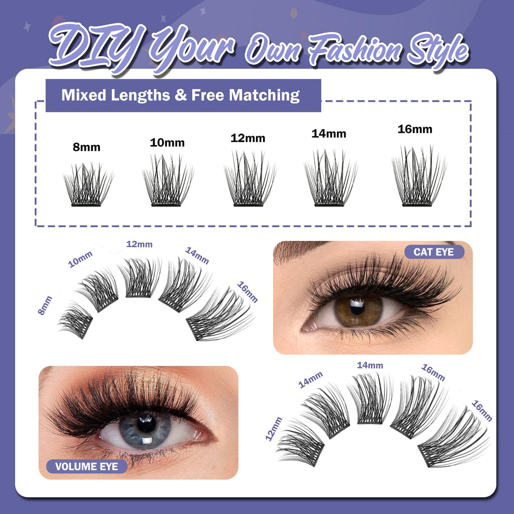 FLOMAZE Self Adhesive Eyelashes – 156-Cluster Pack, No Glue Needed, Reusable 8–16mm Mixed Lashes