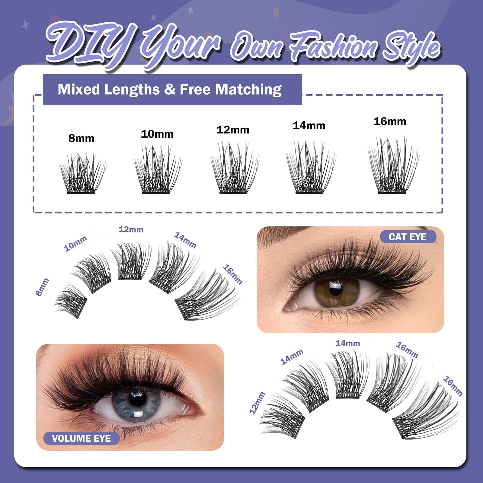 FLOMAZE Self Adhesive Eyelashes – 156-Cluster Pack, No Glue Needed, Reusable 8–16mm Mixed Lashes