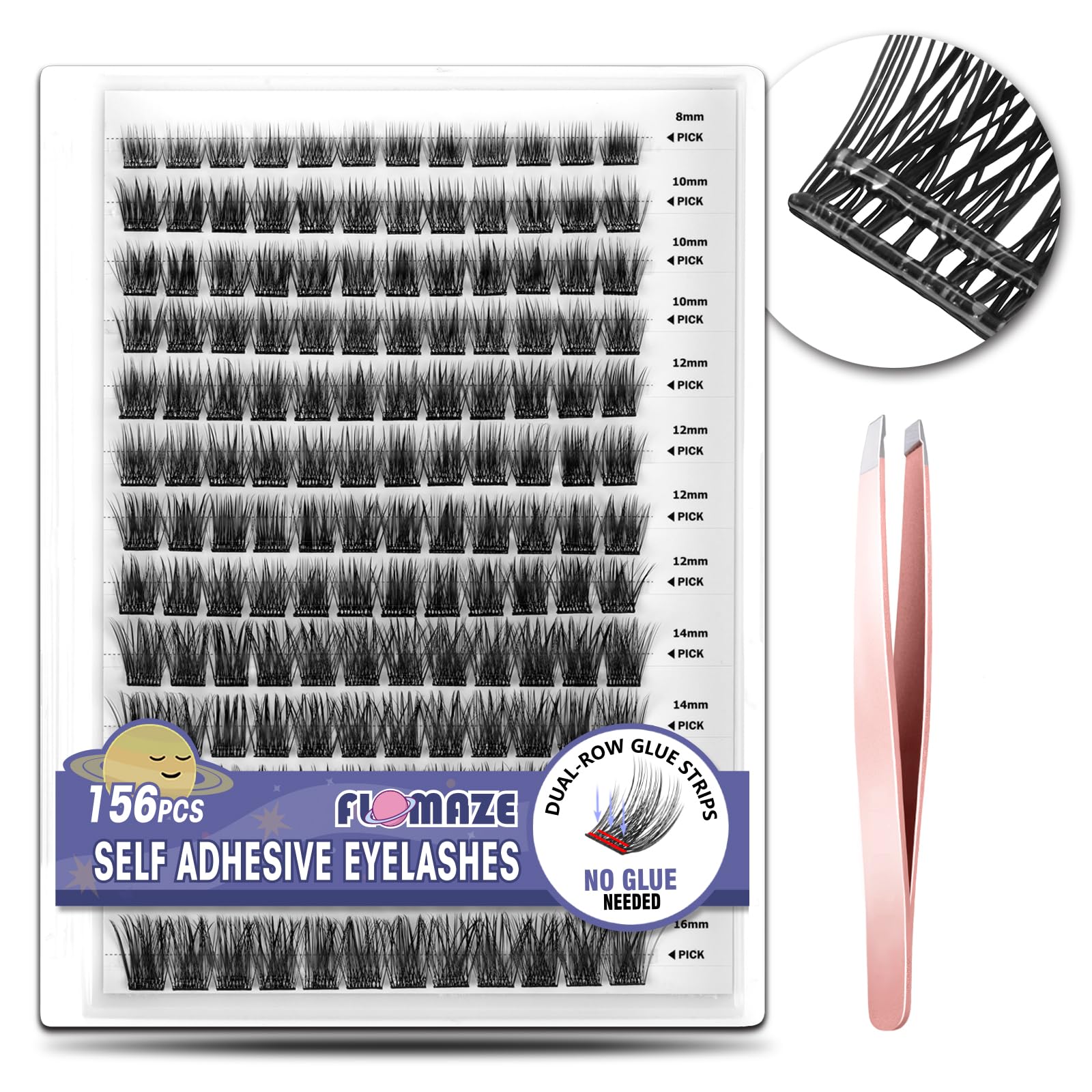 FLOMAZE Self Adhesive Eyelashes – 156-Cluster Pack, No Glue Needed, Reusable 8–16mm Mixed Lashes