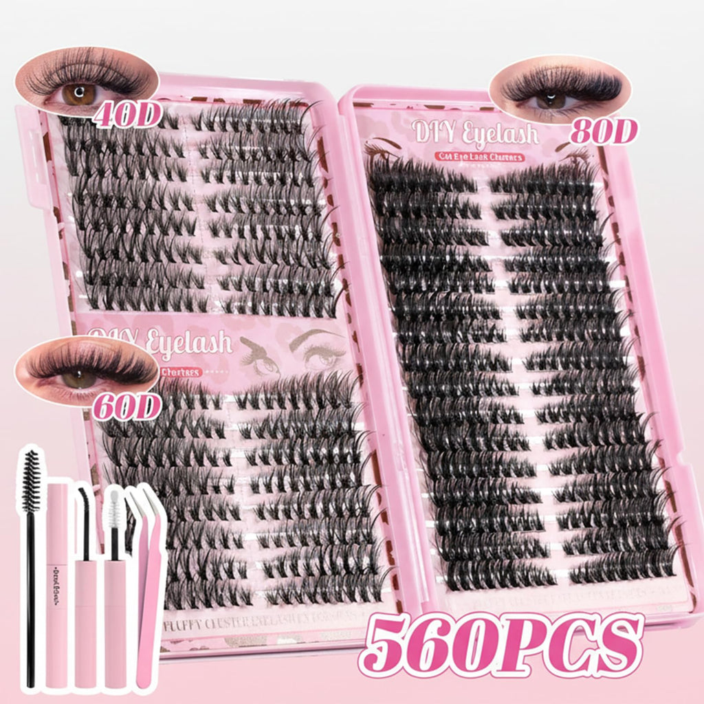 Floranest Lash Clusters Kit – 560 Pcs DIY Eyelash Extensions (9–16mm, D Curl)