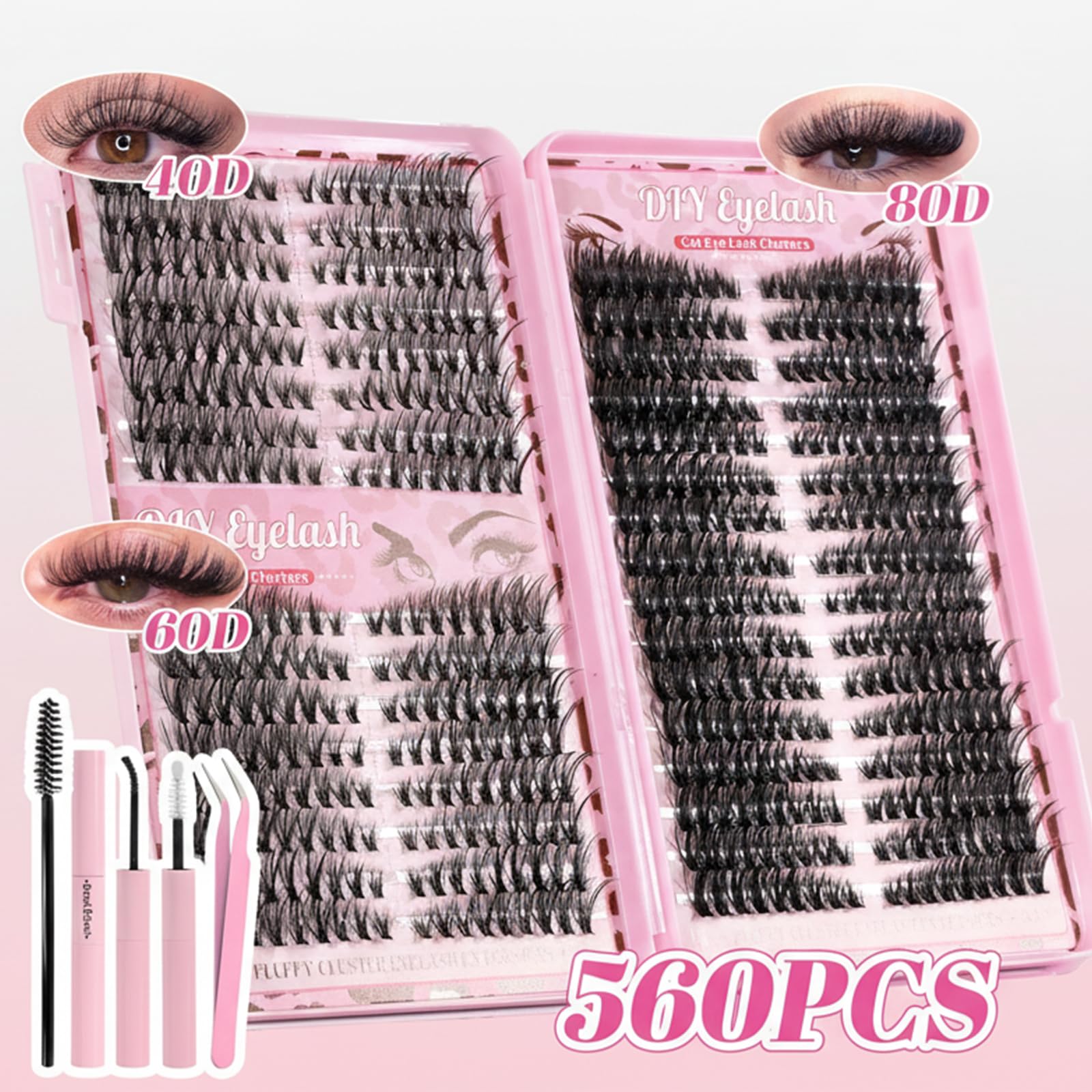 Floranest Lash Clusters Kit – 560 Pcs DIY Eyelash Extensions (9–16mm, D Curl)