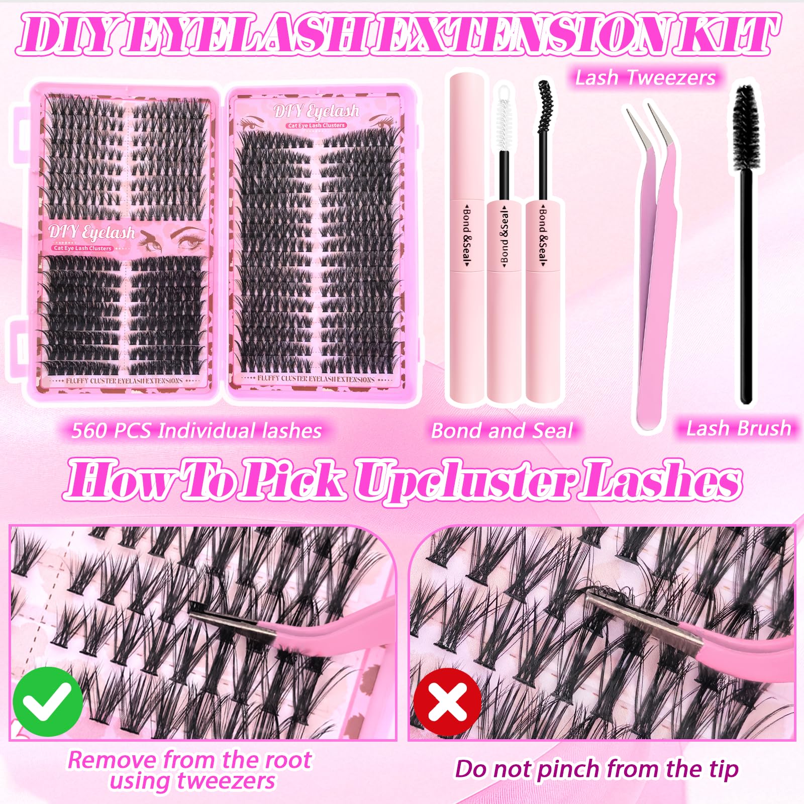 Floranest Lash Clusters Kit – 560 Pcs DIY Eyelash Extensions 9–16mm, D Curl, Fluffy Wispy + Bond & Seal