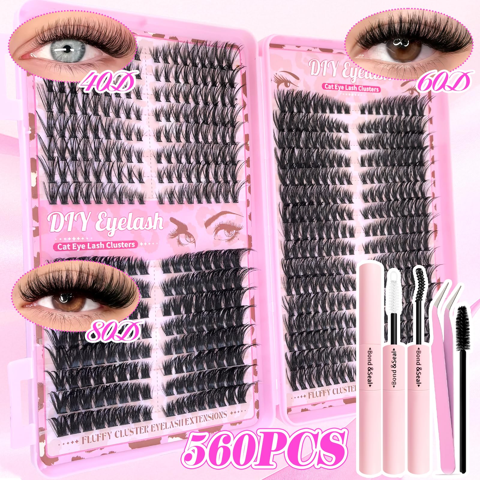 Floranest Lash Clusters Kit – 560 Pcs DIY Eyelash Extensions 9–16mm, D Curl, Fluffy Wispy + Bond & Seal