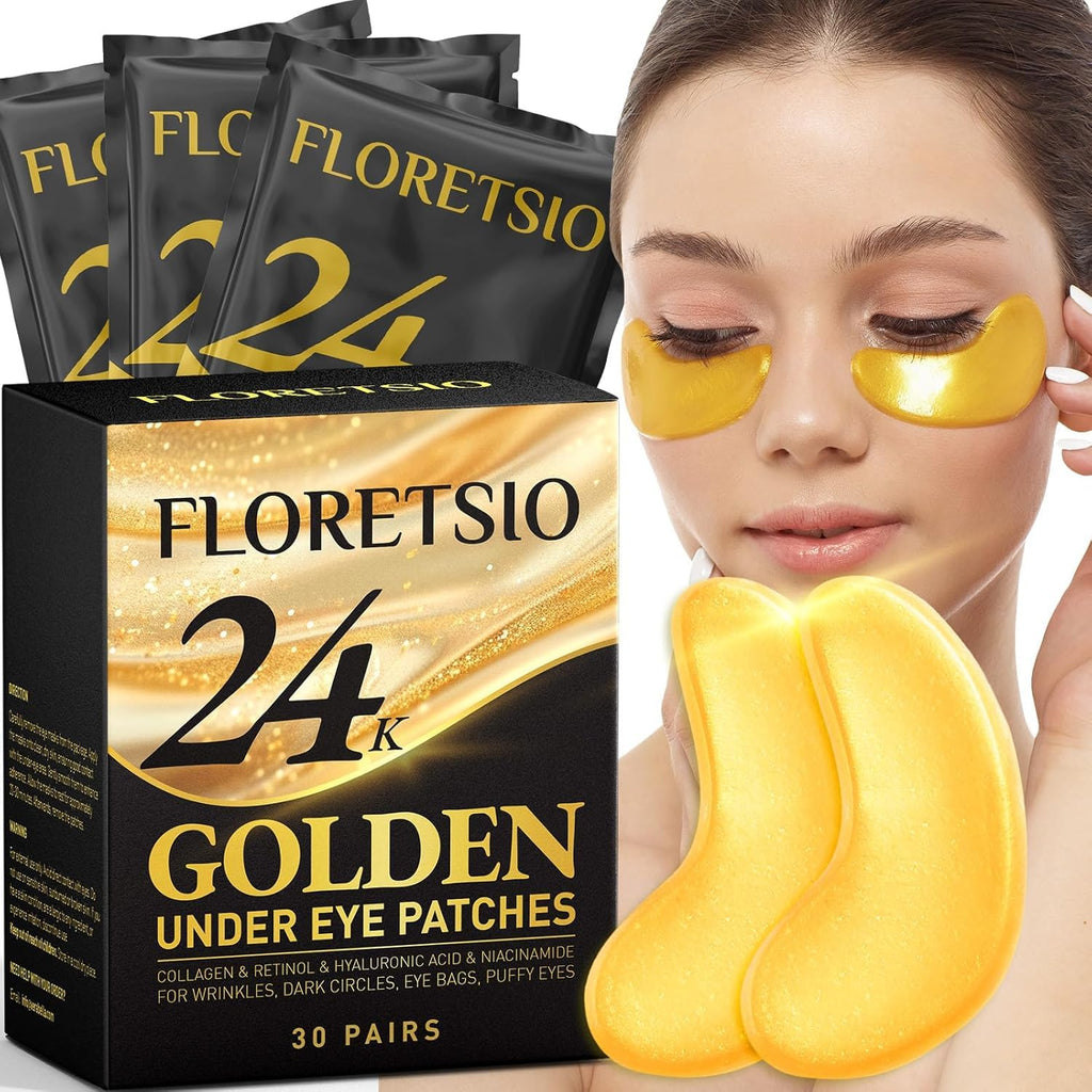 Floretsio 24K Gold Under Eye Patches – Cooling Collagen Mask with Retinol & Hyaluronic Acid