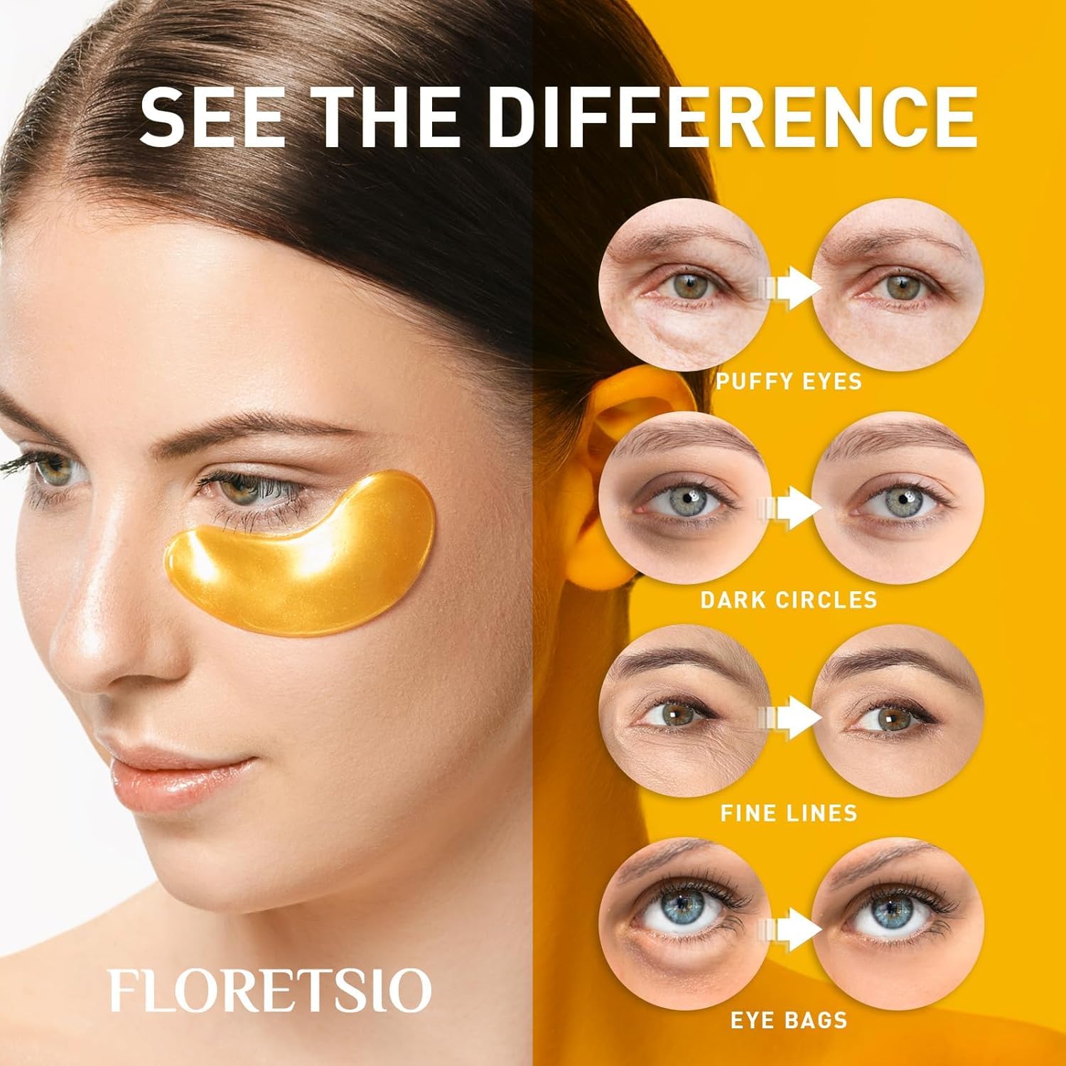 Floretsio 24K Gold Under Eye Patches – Cooling Collagen Mask with Retinol & Hyaluronic Acid