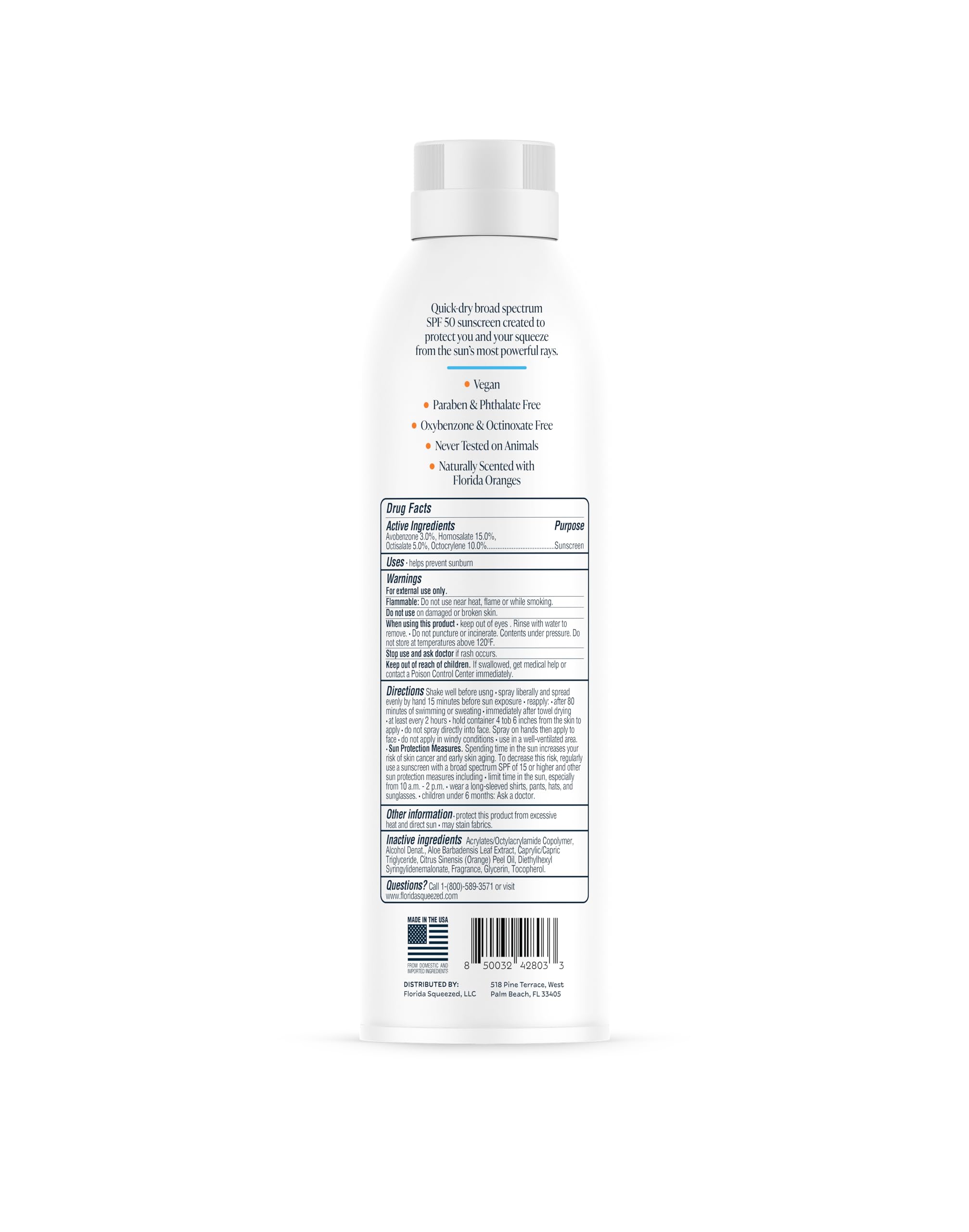 Florida Squeezed SPF 50 Sunscreen Spray – Water Resistant, Reef-Friendly, Vegan 6oz