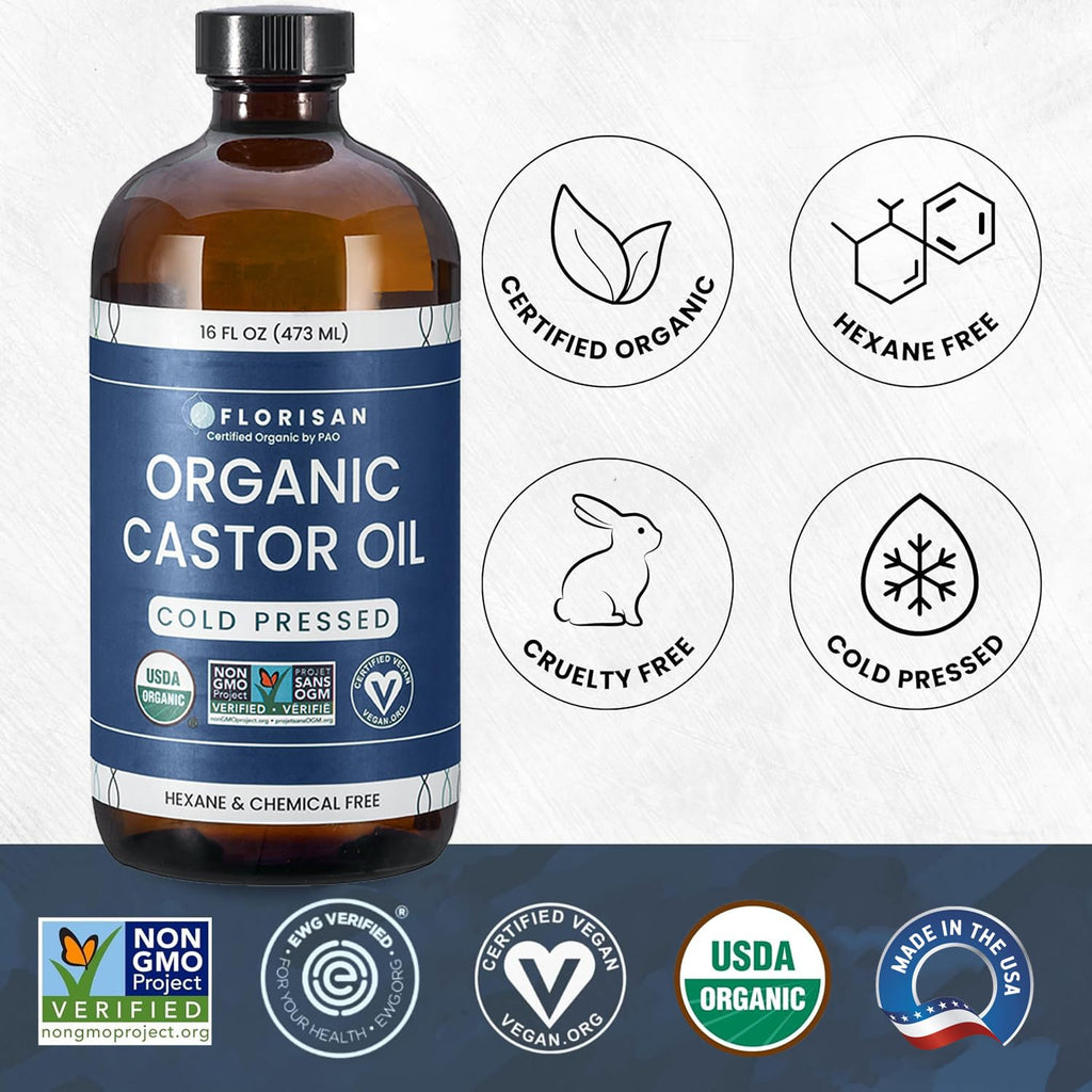 Florisan Organic Castor Oil 16oz – Cold Pressed, Hexane-Free, USDA Organic, EWG Verified
