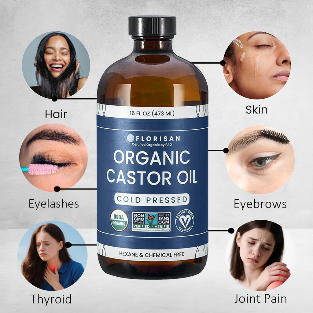 Florisan Organic Castor Oil 16oz – Cold Pressed, Hexane-Free, USDA Organic, EWG Verified