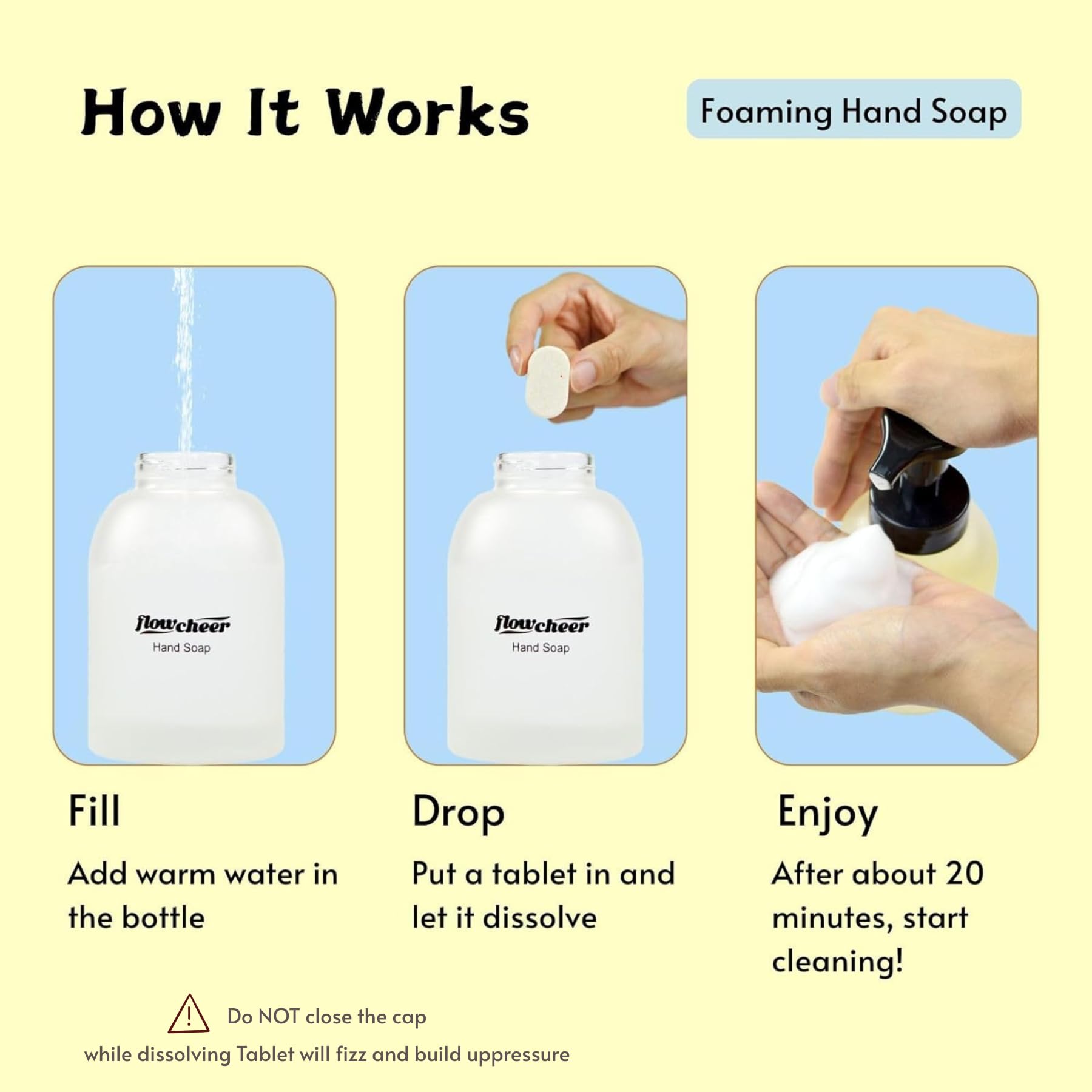flowcheer Foaming Hand Soap Refill Tablets — 12 Pack, 108 fl oz Total, Vanilla Fragrance, No Plastic Bottle