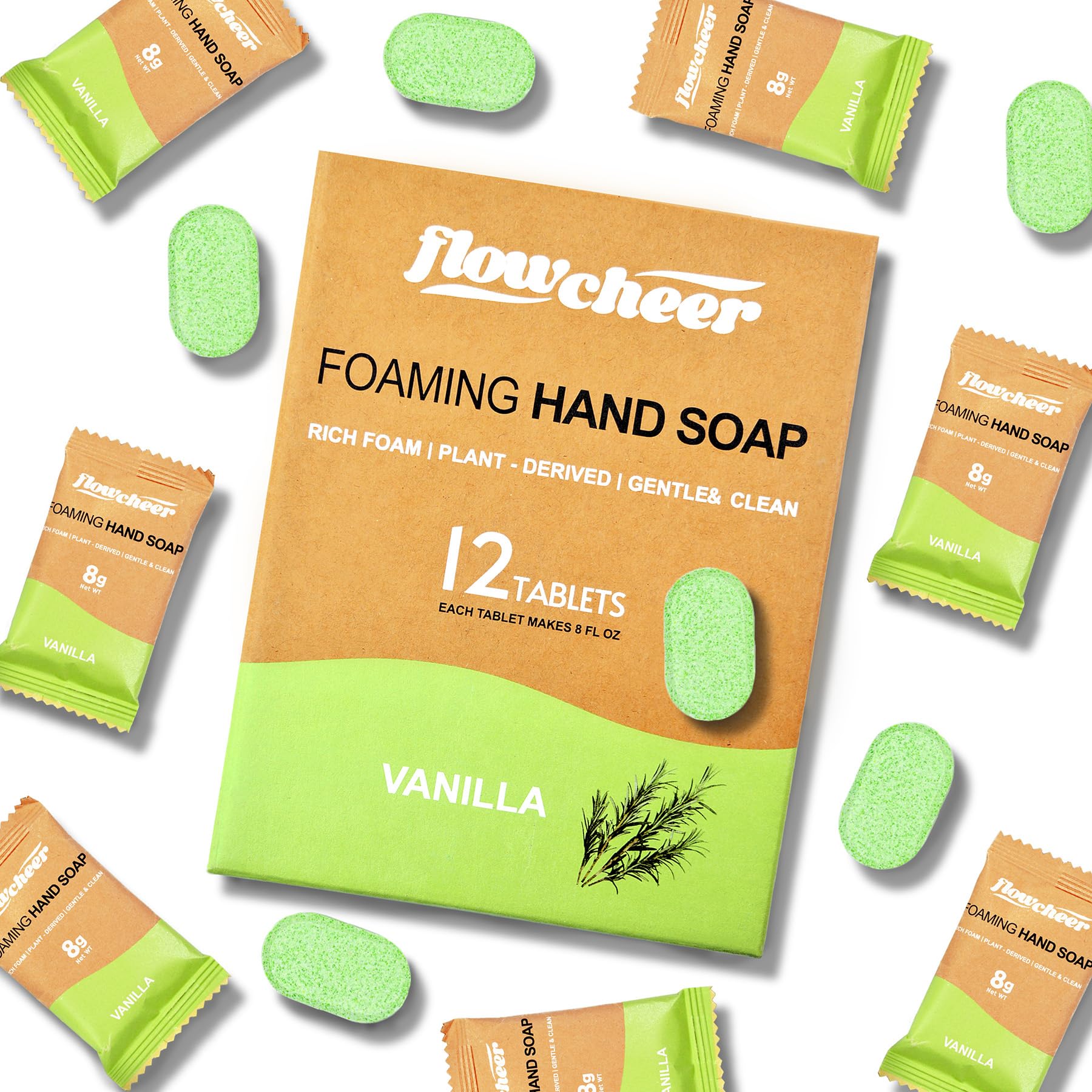 flowcheer Foaming Hand Soap Refill Tablets — 12 Pack, 108 fl oz Total, Vanilla Fragrance, No Plastic Bottle
