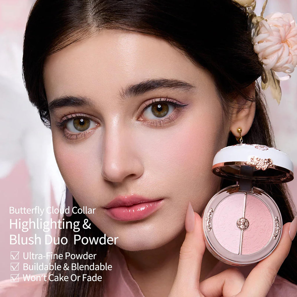 Flower Knows Butterfly Cloud Collar Rouge Box: Highlighting & Blush Duo Powder, Peach + Pink Matte Blush (0.21 oz) – Rouge Snow