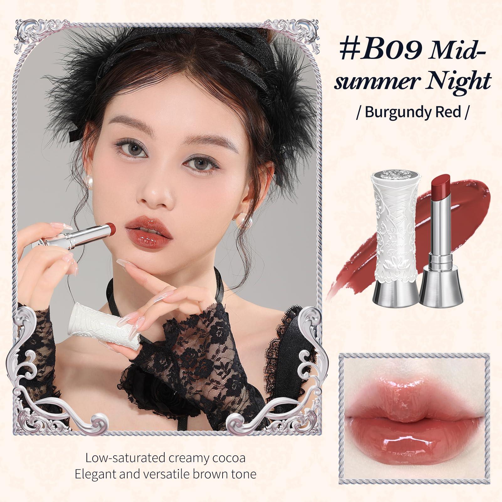 Flower Knows Swan Ballet Shine Lipstick & Hydrating Solid Lip Gloss – Midsummer Night Burgundy Lip Balm