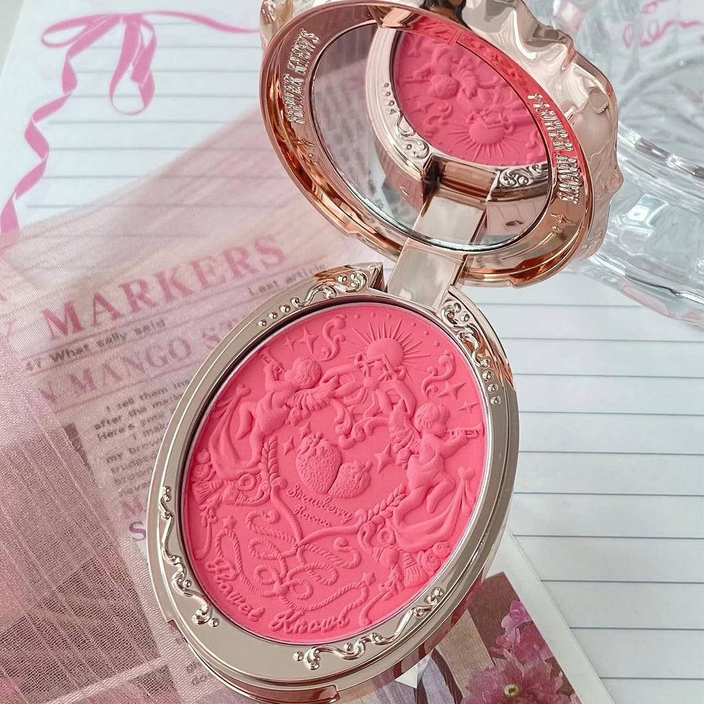 Flower Knows Strawberry Rococo Embossed Blush – Buildable Bright Pink Powder for Cheeks