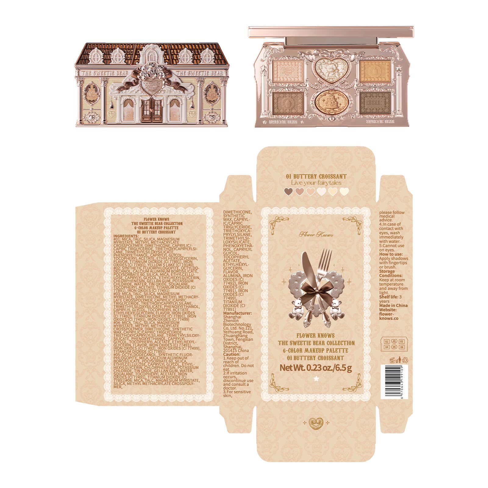 Flower Knows The Sweetie Bear Collection: 6-Color Palette (4 Matte + 2 Shimmer) – 01 Buttery Croissant